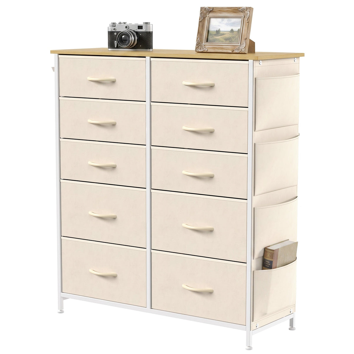 Chest of Drawers, Dresser for Bedroom with 10 Fabric Drawers, Tall Storage Unit with 4 Pockets, 2 Hooks and Steel Frame for Living Room, Hallway, Beige