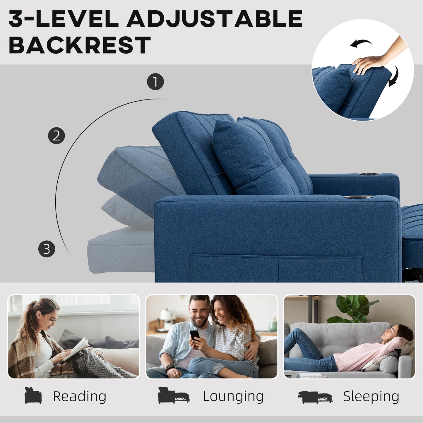 3-in-1 2 Seater Sofa Bed, Convertible Sleeper Sofa with Adjustable Backrest, Fabric Pull Out Loveseat Bed with 2 Pillows, Side Pockets and Cup Holders for Living Room, Bedroom, Dark Blue