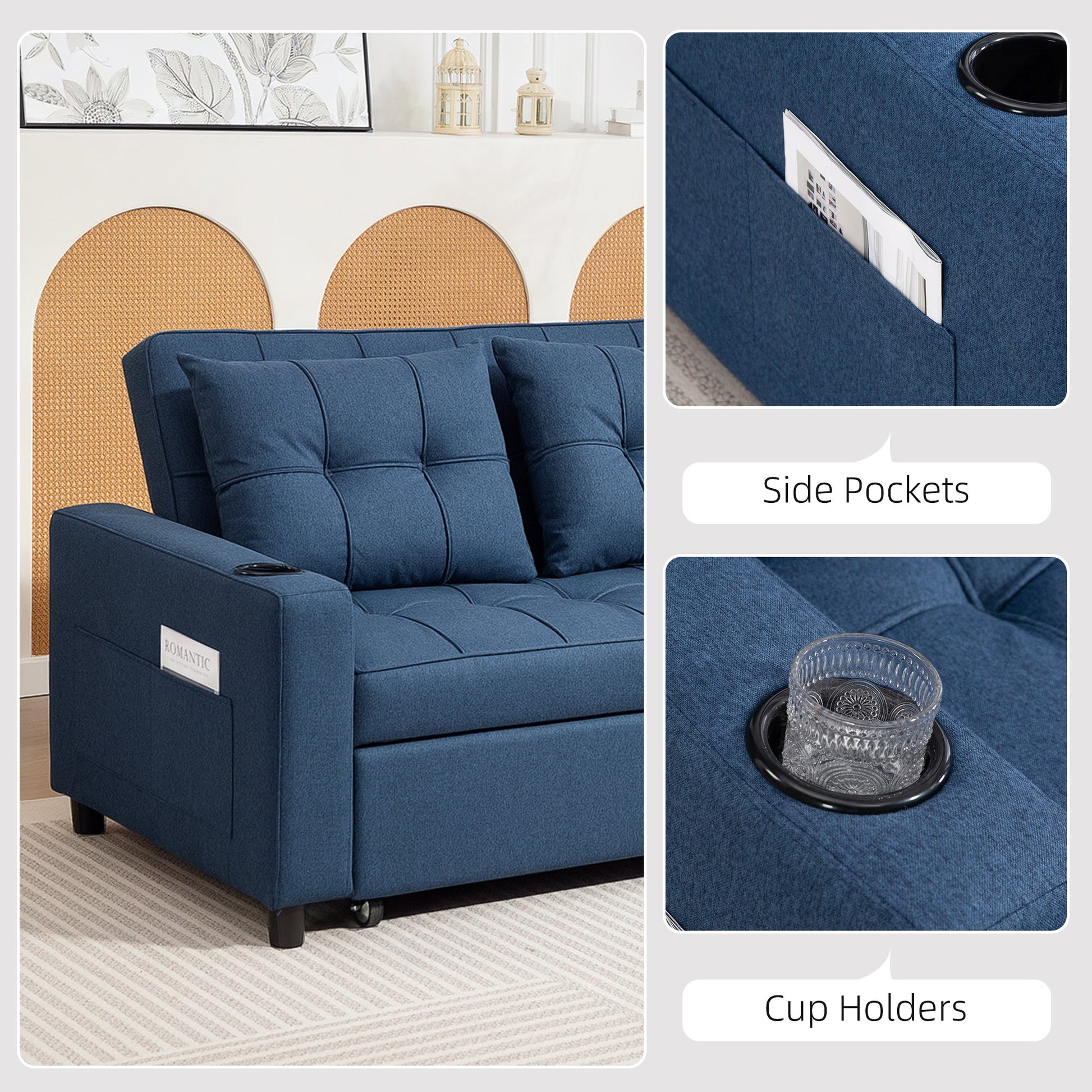 3-in-1 2 Seater Sofa Bed, Convertible Sleeper Sofa with Adjustable Backrest, Fabric Pull Out Loveseat Bed with 2 Pillows, Side Pockets and Cup Holders for Living Room, Bedroom, Dark Blue