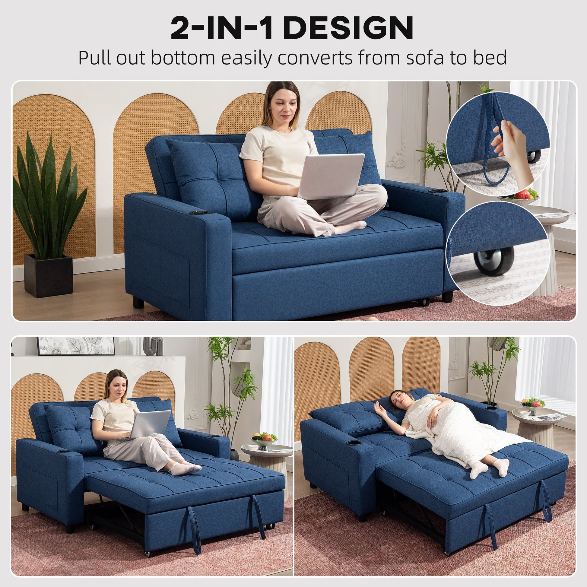 3-in-1 2 Seater Sofa Bed, Convertible Sleeper Sofa with Adjustable Backrest, Fabric Pull Out Loveseat Bed with 2 Pillows, Side Pockets and Cup Holders for Living Room, Bedroom, Dark Blue