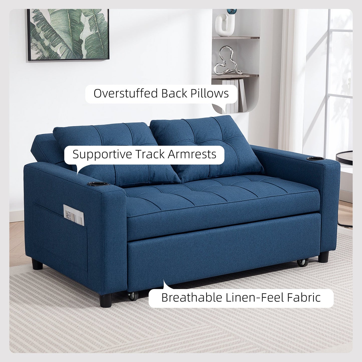 3-in-1 2 Seater Sofa Bed, Convertible Sleeper Sofa with Adjustable Backrest, Fabric Pull Out Loveseat Bed with 2 Pillows, Side Pockets and Cup Holders for Living Room, Bedroom, Dark Blue