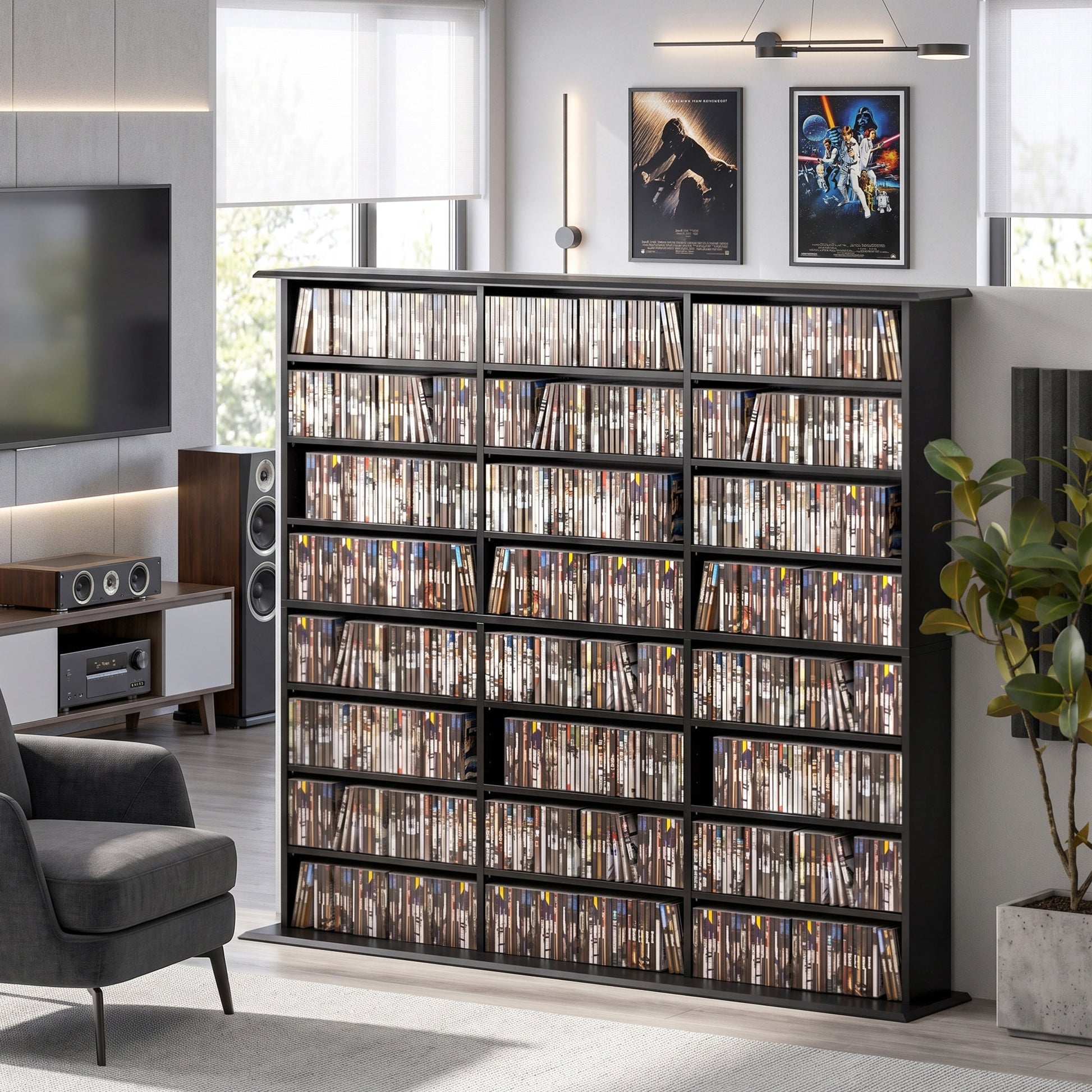 1032 CD/594 DVD Storage Unit, Blu-ray Media Storage Shelf with 24 Compartments and 18 Adjustable Shelves, CD Tower for Living Room, Bedroom, Office, Black