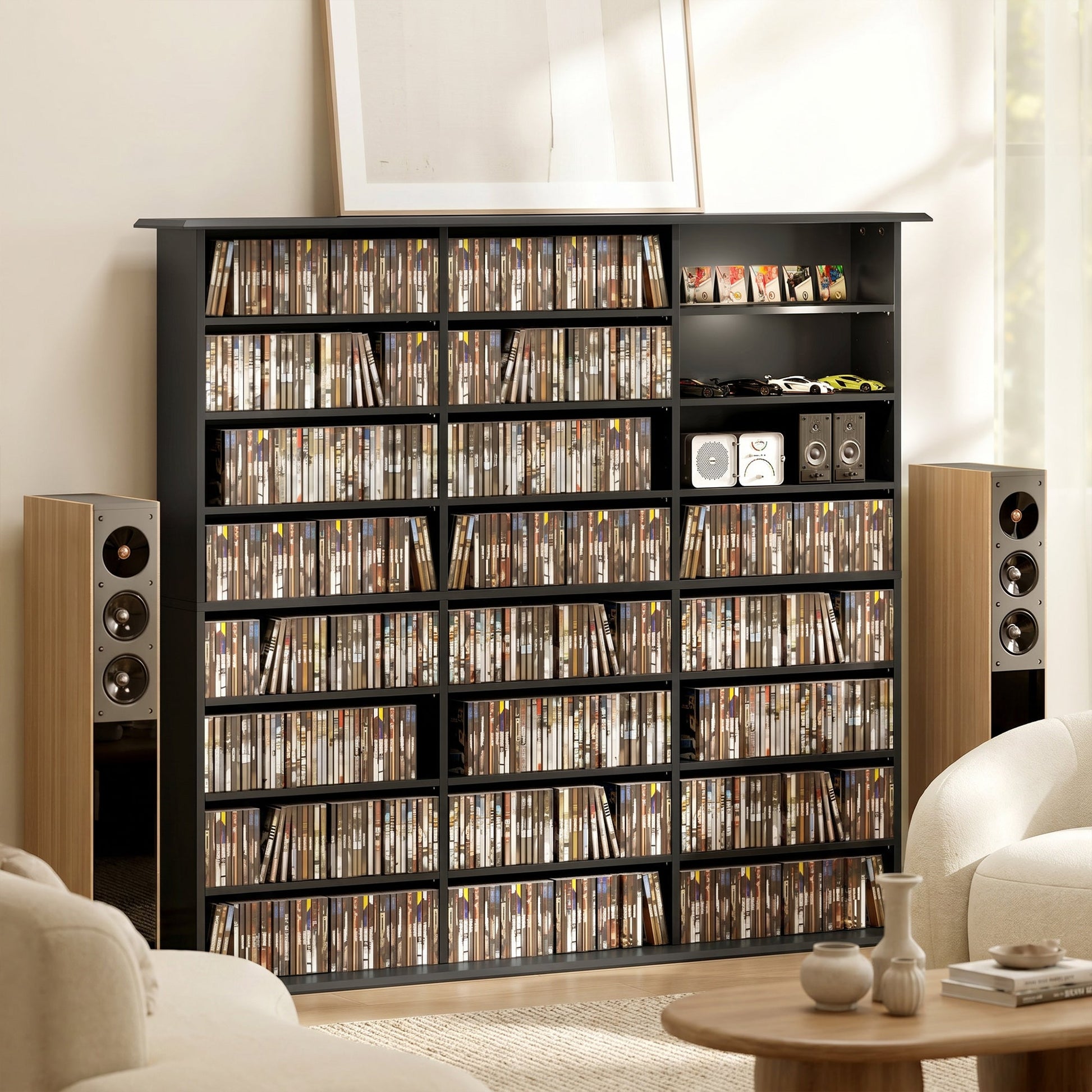 1032 CD/594 DVD Storage Unit, Blu-ray Media Storage Shelf with 24 Compartments and 18 Adjustable Shelves, CD Tower for Living Room, Bedroom, Office, Black