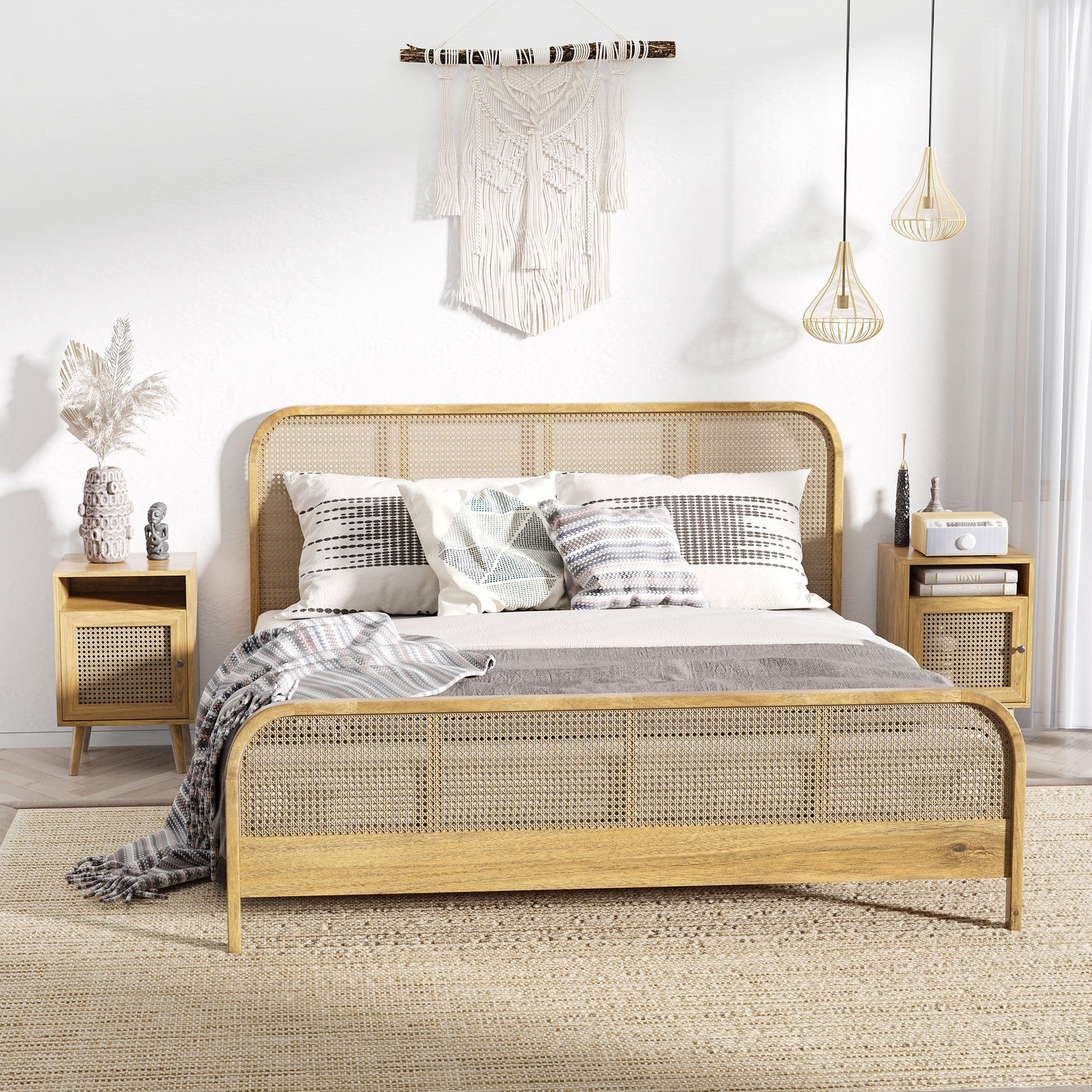 HOMCOM Bedside Table Nightstand with Storage Shelf and Door Cupboard, Side End Table with Rattan Element for Living Room, Bedroom, Set of 2, Natural