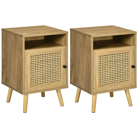 HOMCOM Bedside Table Nightstand with Storage Shelf and Door Cupboard, Side End Table with Rattan Element for Living Room, Bedroom, Set of 2, Natural