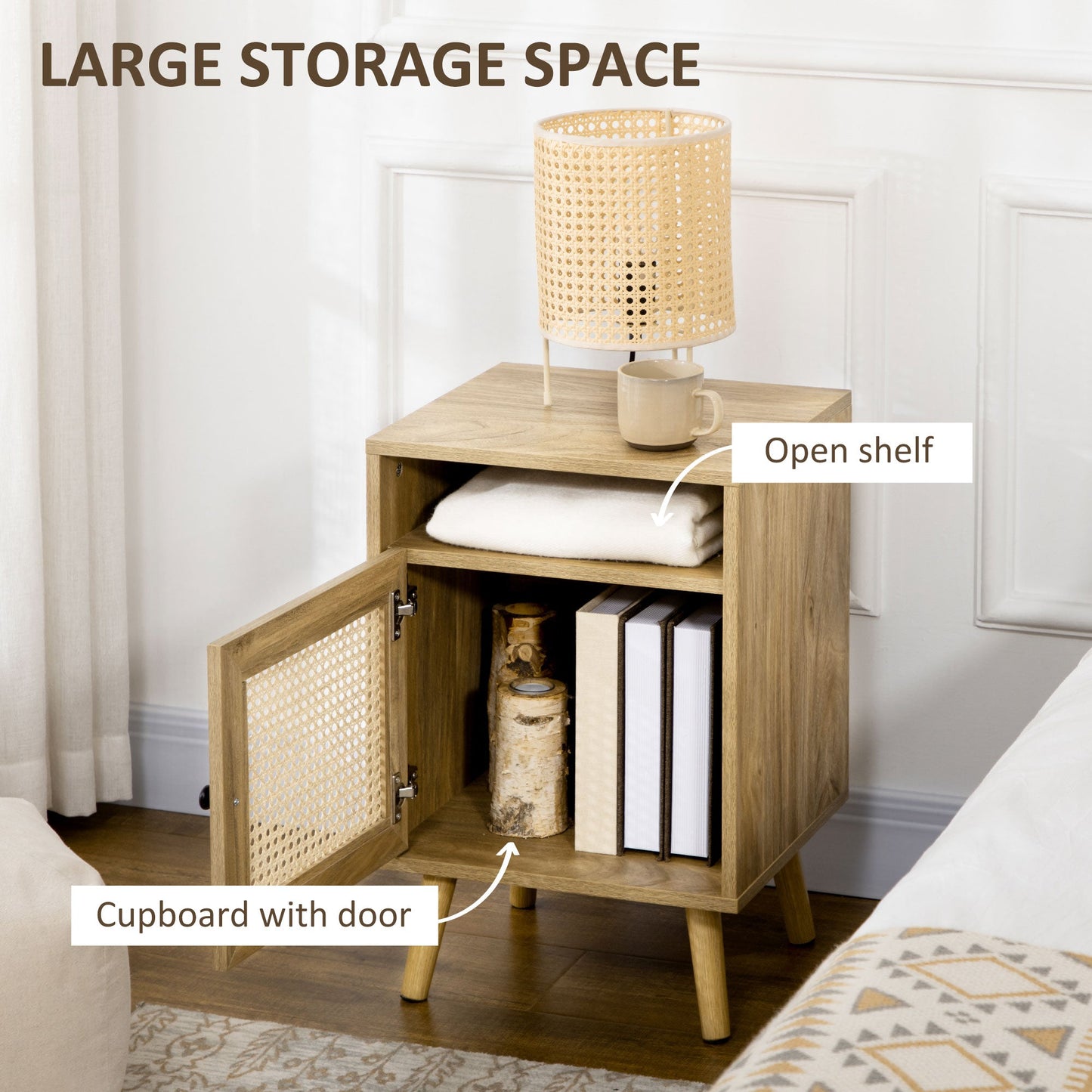 HOMCOM Bedside Table Nightstand with Storage Shelf and Door Cupboard, Side End Table with Rattan Element for Living Room, Bedroom, Set of 2, Natural