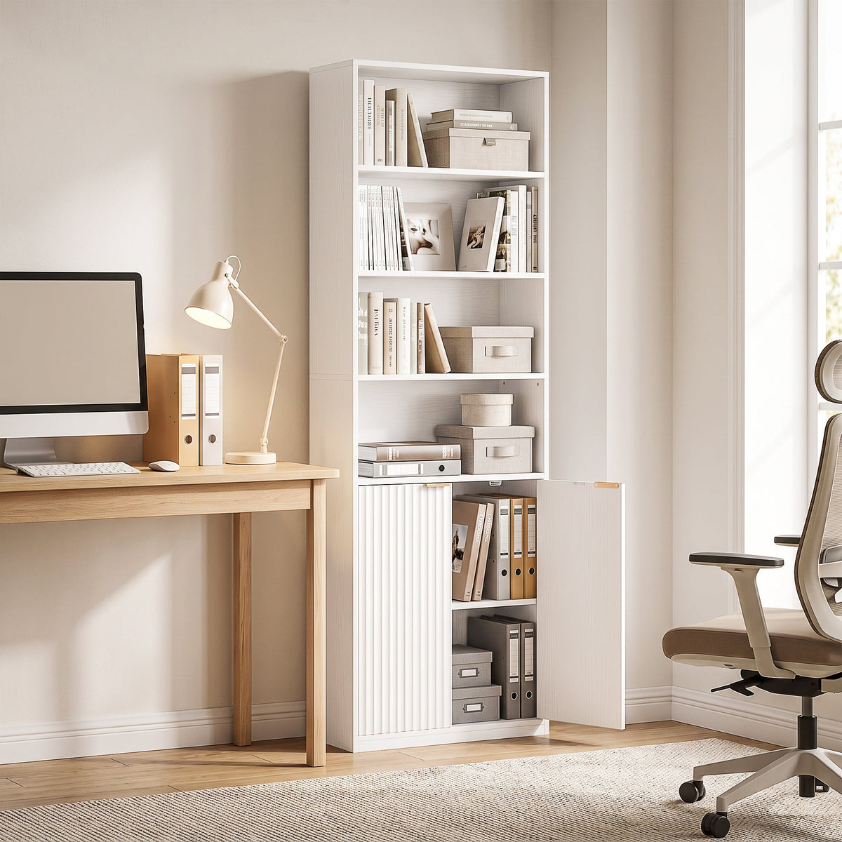 Slim Bookcase, 6-Tier Tall Bookshelf, Freestanding Shelving Unit with Cabinet, Adjustable Shelf, 60 x 24 x 182 cm for Living Room, Study, Home Office, White