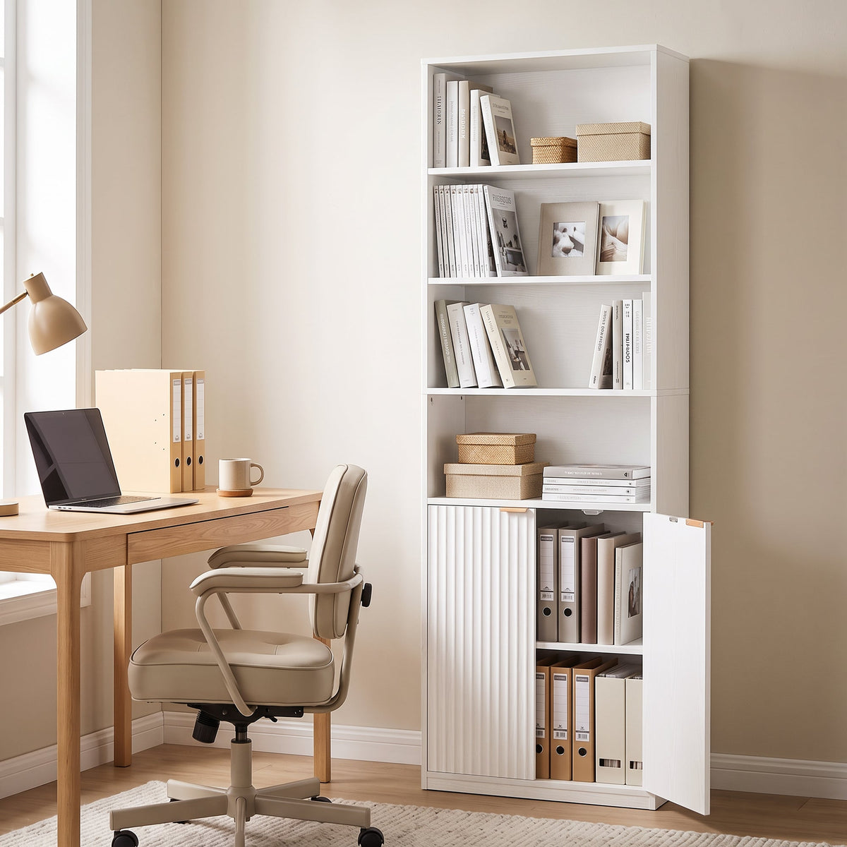 Slim Bookcase, 6-Tier Tall Bookshelf, Freestanding Shelving Unit with Cabinet, Adjustable Shelf, 60 x 24 x 182 cm for Living Room, Study, Home Office, White
