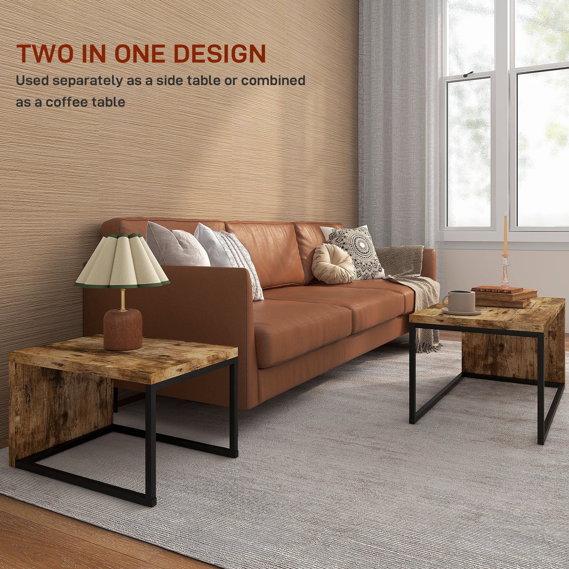 HOMCOM Coffee Tables Nesting Table Set of 2 Side Table w/ Metal Frame for Living Room Bedroom Black & Brown