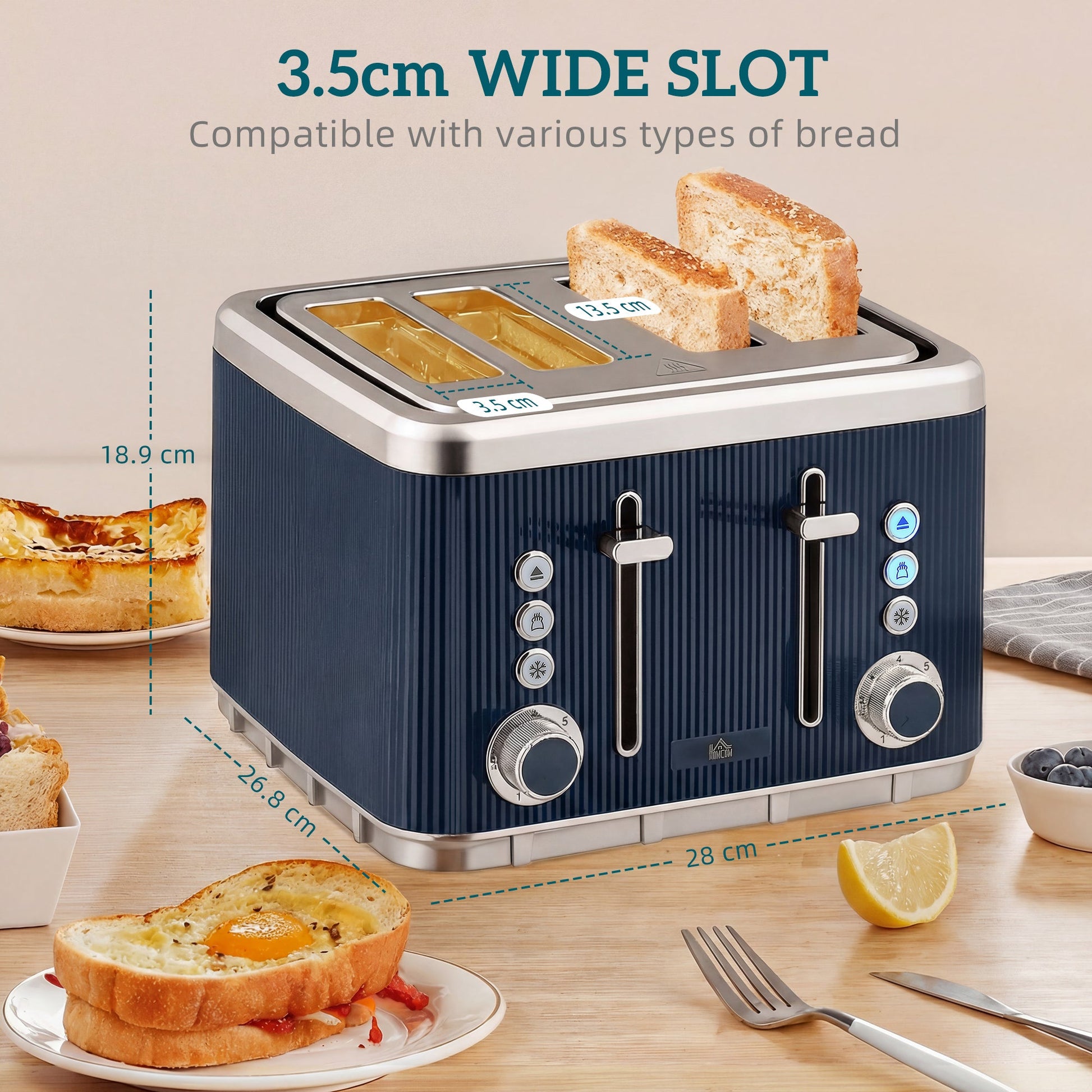 Electric Stainless Steel Kettle and Toaster Set, 3000W 1.7L UK Strix Thermostat Fast Boil Kettle w/ Limescale Filter, Cool Touch Body, 4 Slice Toaster with 7 Browning Levels, Dark Blue