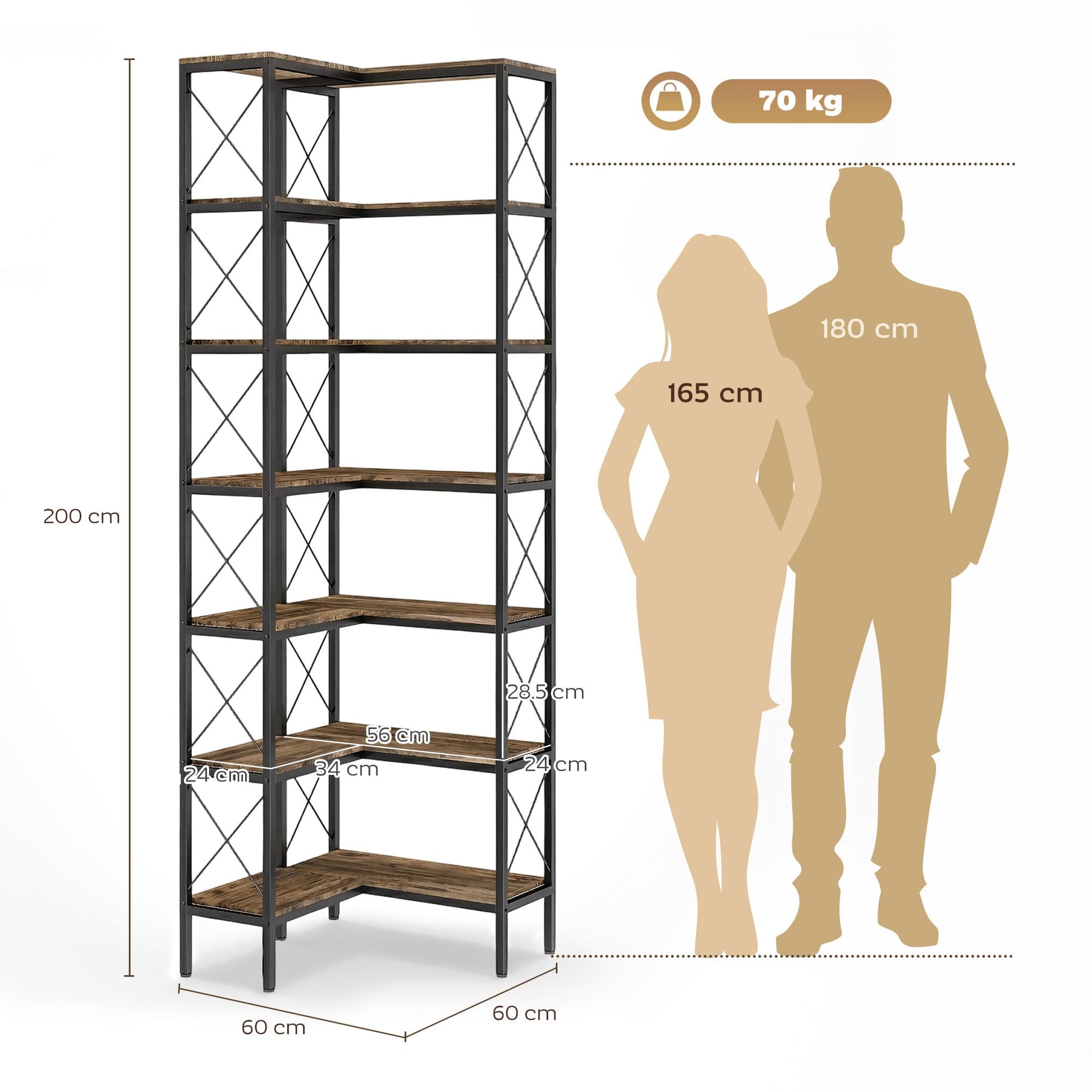 6-Tier Corner Bookshelf, L-Shaped Bookcase, Freestanding Display Shelf with Metal Frame for Living Room, Home Office, Bedroom, 60 x 60 x 200 cm, Rustic Brown
