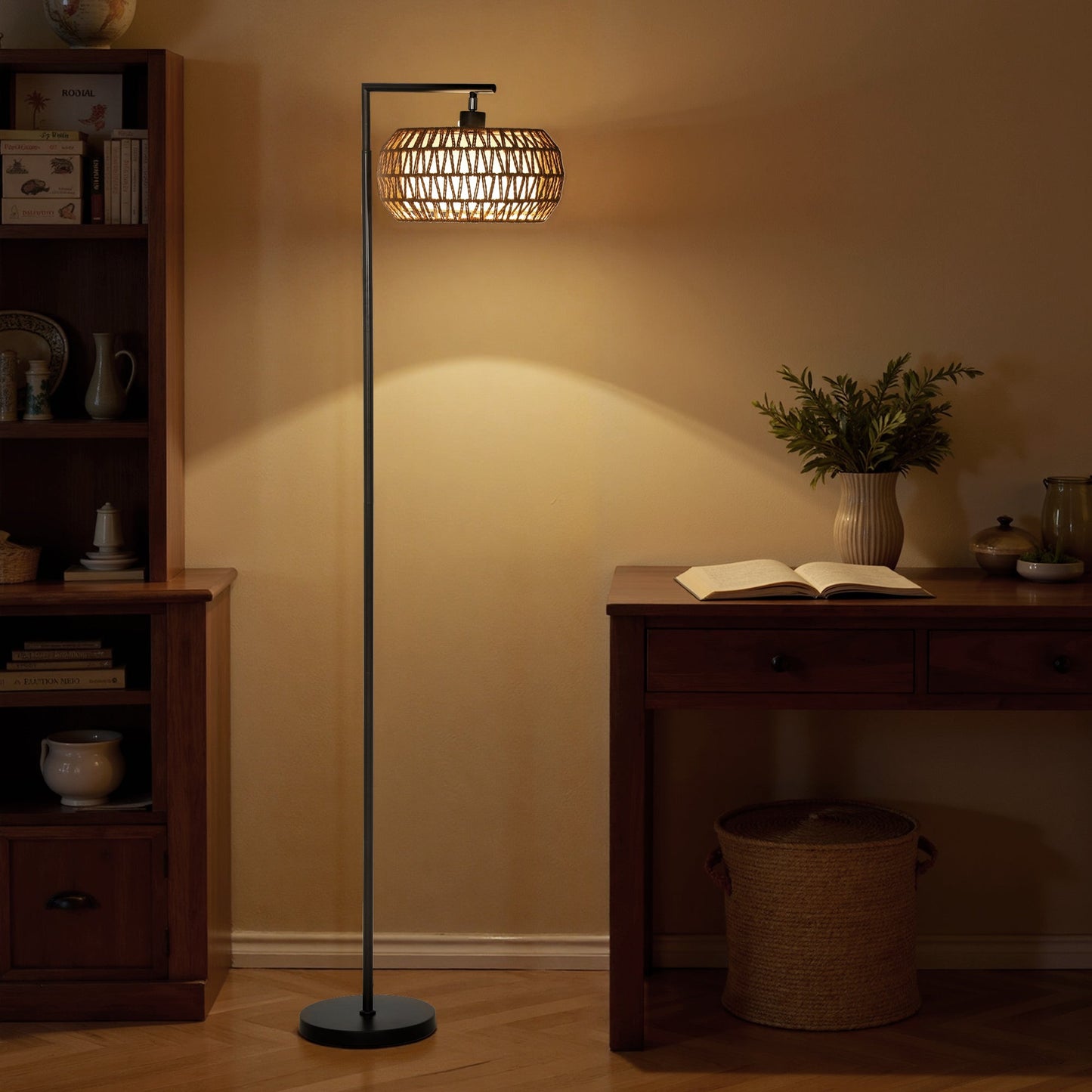 Boho Floor Lamp with Double Shade, Dimmable Standing Lamp with Remote and Foot Switch, 3 Colour Temperatures and Timer for Living Room, Bedroom, Office, Black