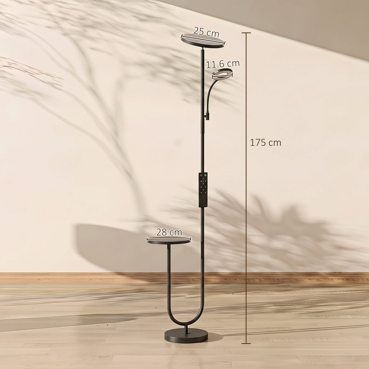 LED Uplighter Floor Lamp with Table, Dual Light Dimmable Standing Lamp with Magnetic Remote, 4 Colour Temperatures,  Adjustable Reading Light for Bedroom Living Room, Black