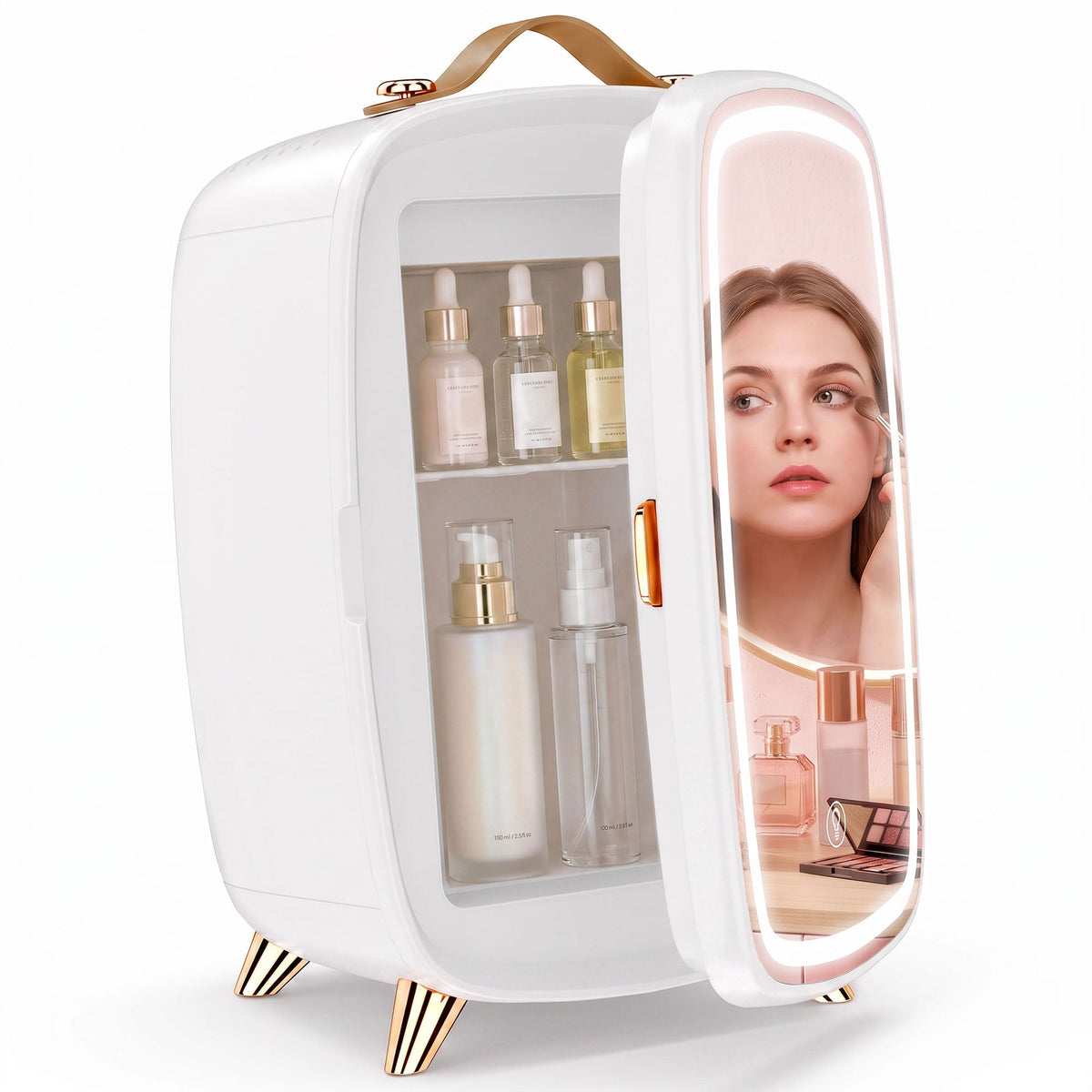 6L Mini Cosmetic Fridge with LED Mirror, Cooling Function, Skincare Refrigerator for Bedroom, Skincare, Office, White