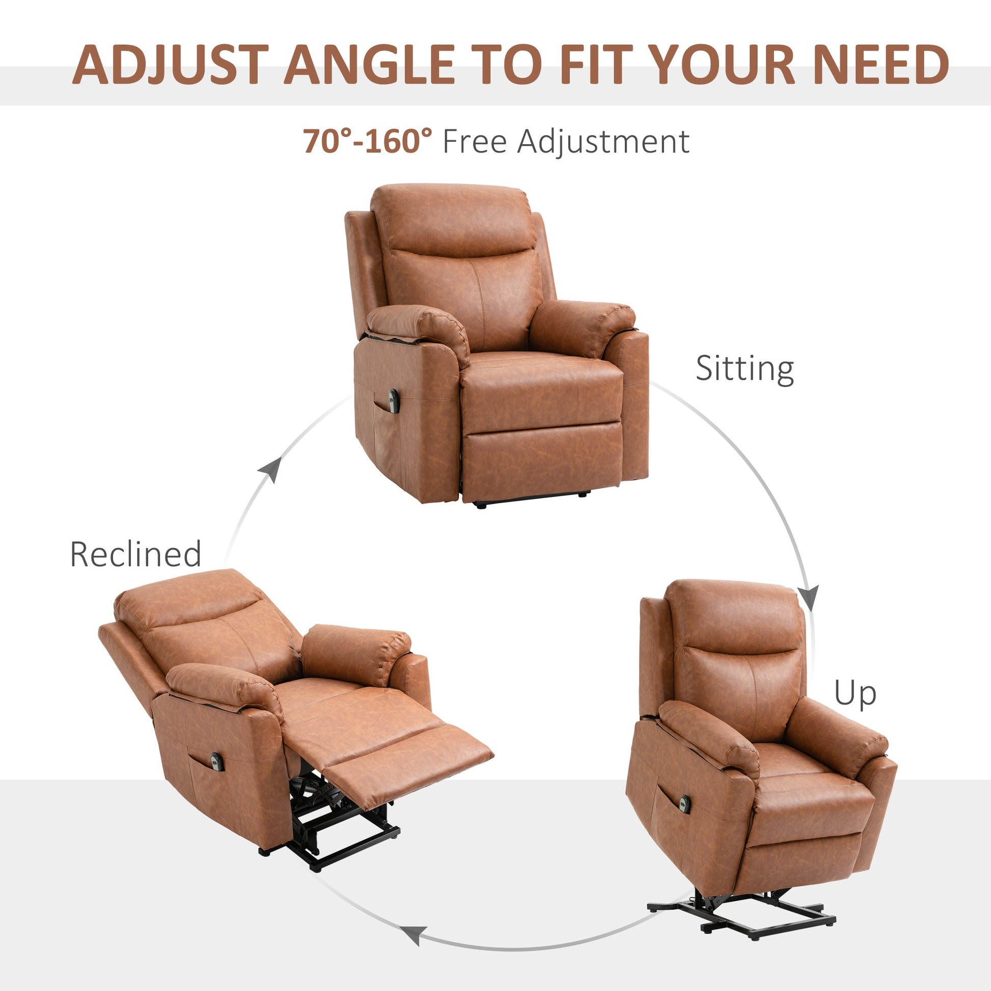 HOMCOM Power Lift Recliner Chair, Electric Lift Chair for Elderly, Overstuffed Faux Leather Riser and Reclining Armchair with Remote Control, Side Pockets, for Living Room, Brown