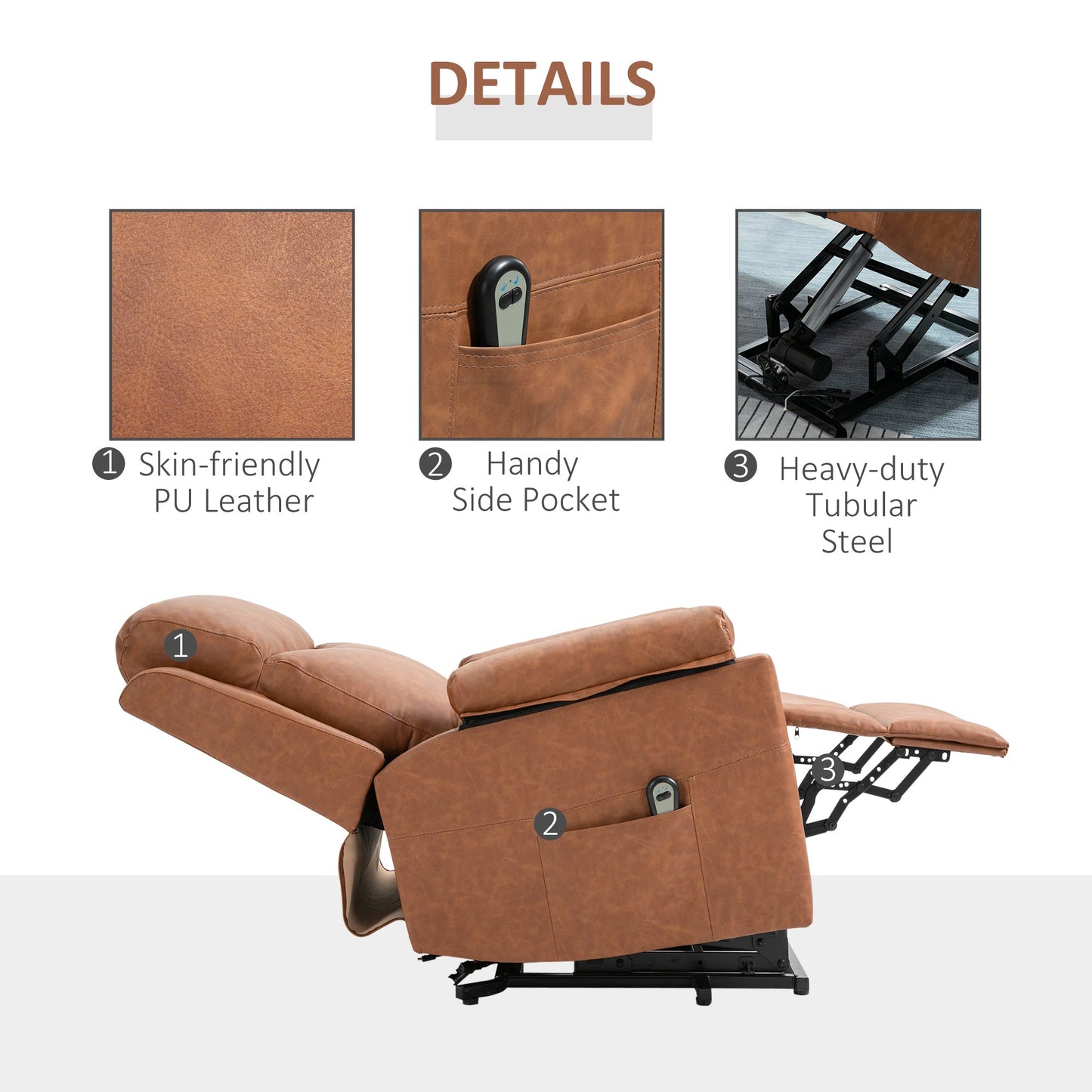 HOMCOM Power Lift Recliner Chair, Electric Lift Chair for Elderly, Overstuffed Faux Leather Riser and Reclining Armchair with Remote Control, Side Pockets, for Living Room, Brown