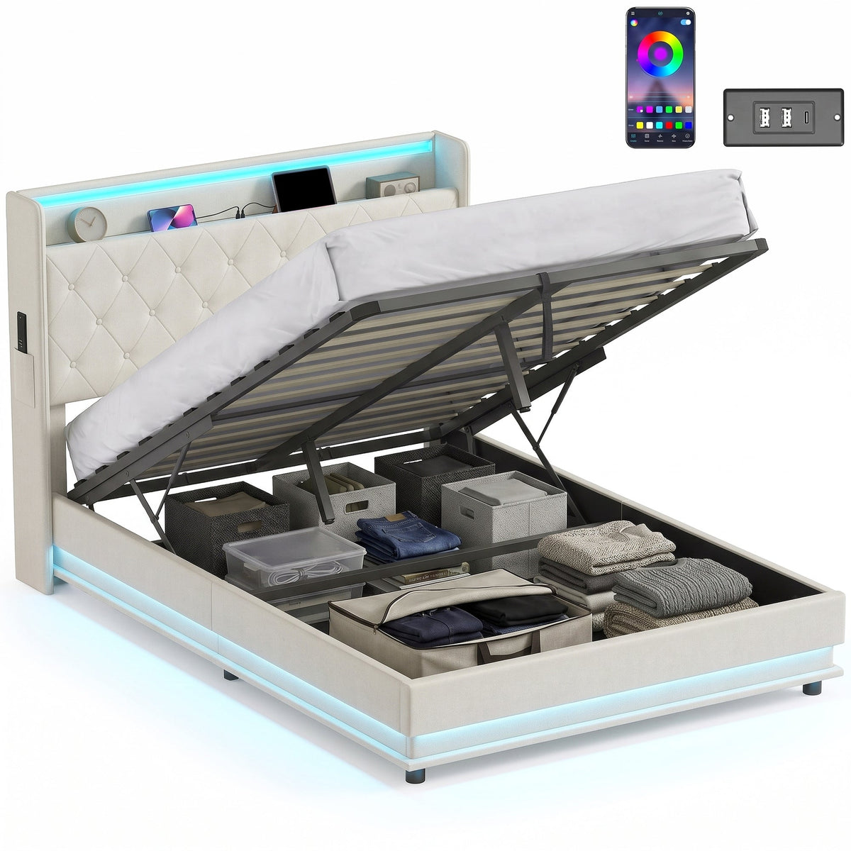 4ft6 Double Ottoman Bed Frame with Hydraulic Storage, APP Control LED Lights and Charging Station, Upholstered Lift Up Storage Bed Frame with Headboard, No Box Spring Needed, Cream White