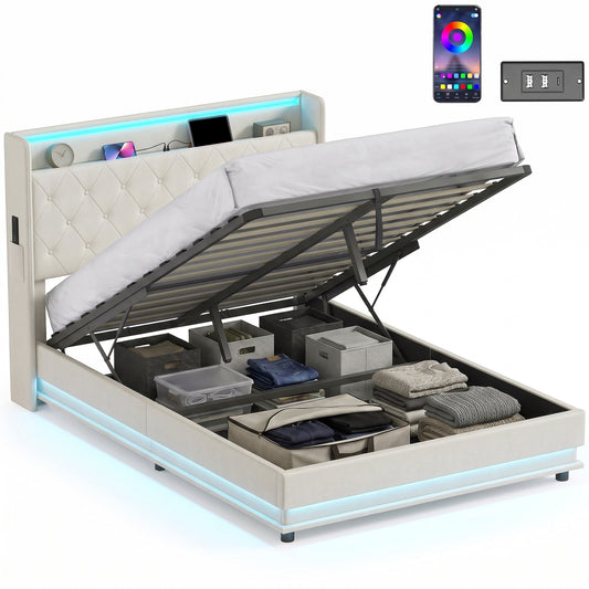 4ft6 Double Ottoman Bed Frame with Hydraulic Storage, APP Control LED Lights and Charging Station, Upholstered Lift Up Storage Bed Frame with Headboard, No Box Spring Needed, Cream White