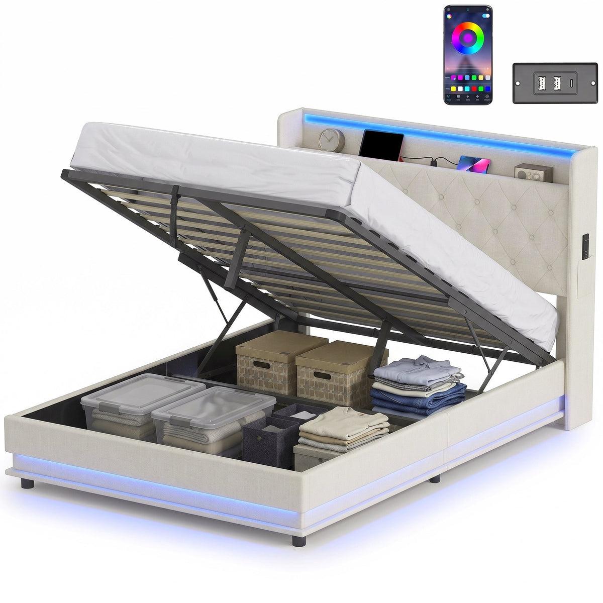 4ft6 Double Ottoman Bed Frame with Hydraulic Storage, APP Control LED Lights and Charging Station, Upholstered Lift Up Storage Bed Frame with Headboard, No Box Spring Needed, Cream White