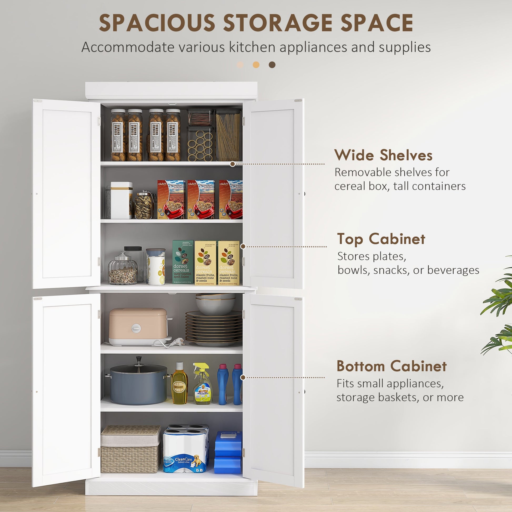 184cm Freestanding Kitchen Cupboard with 4 Doors, Modern Storage Cabinet Organizer with 6-Tier Shelving and 4 Adjustable Shelves, White