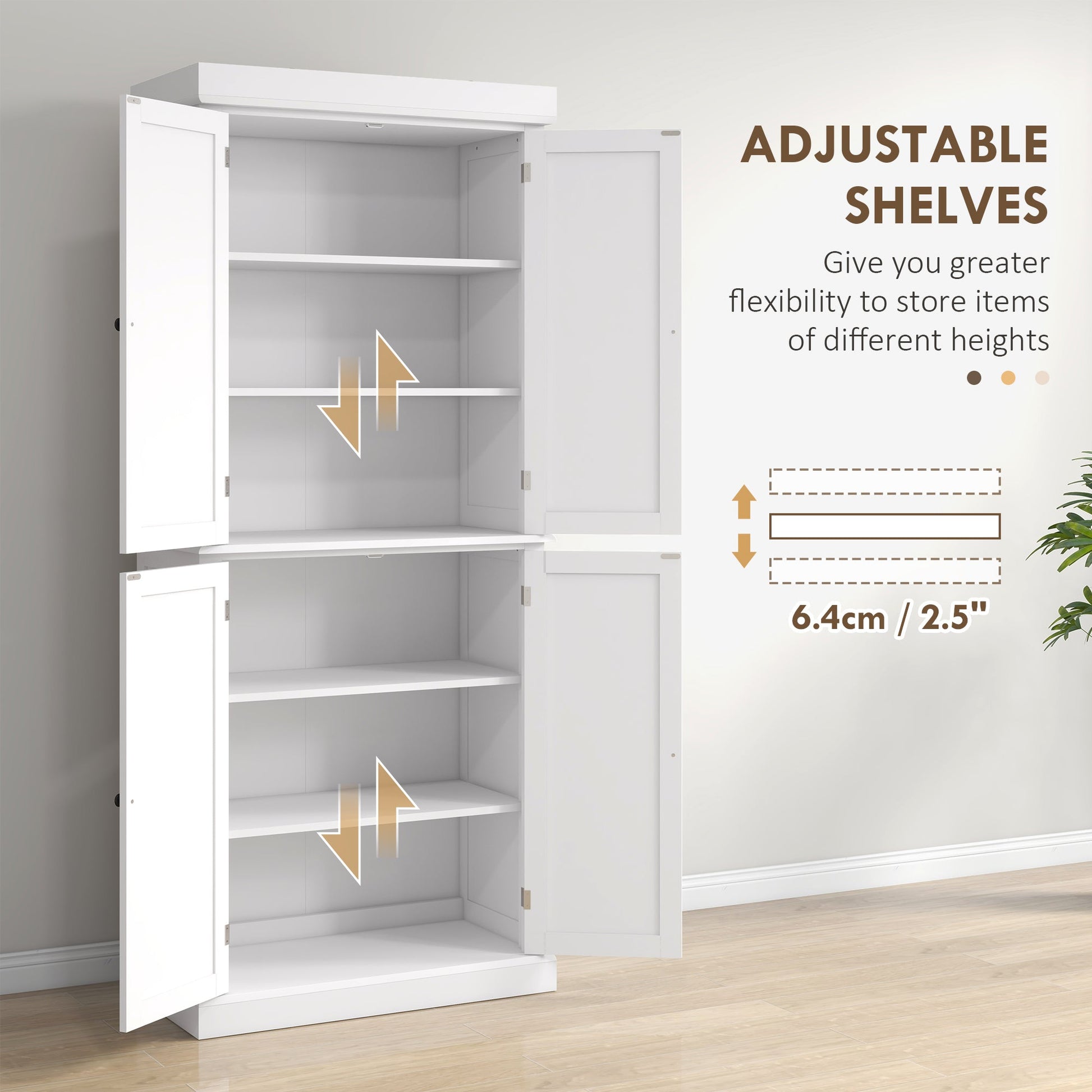 184cm Freestanding Kitchen Cupboard with 4 Doors, Modern Storage Cabinet Organizer with 6-Tier Shelving and 4 Adjustable Shelves, White