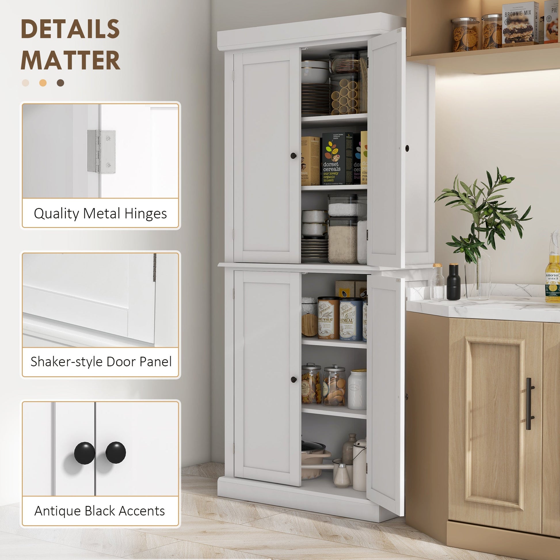 184cm Freestanding Kitchen Cupboard with 4 Doors, Modern Storage Cabinet Organizer with 6-Tier Shelving and 4 Adjustable Shelves, White