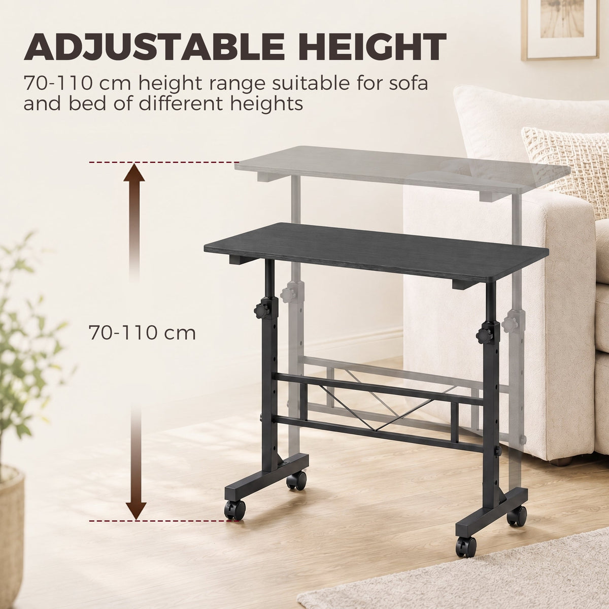 Overbed Table With Wheels and Brakes, Adjustable Height Laptop Desk, Portable Hospital Bed Table with Steel Frame for Living Room, Bedroom and Study, Black