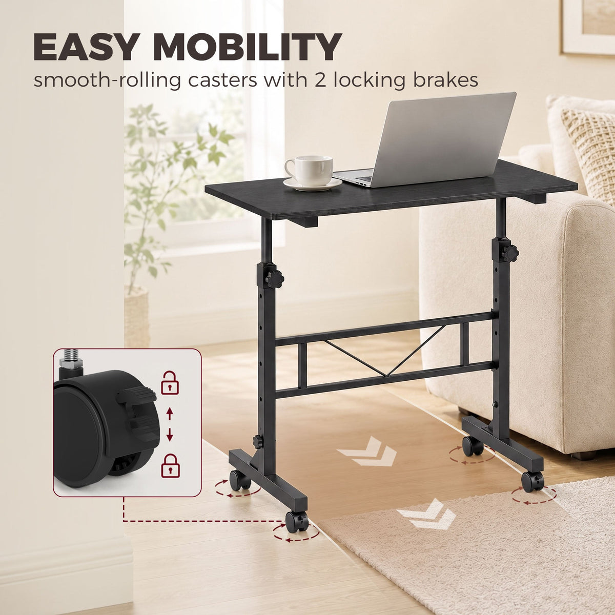 Overbed Table With Wheels and Brakes, Adjustable Height Laptop Desk, Portable Hospital Bed Table with Steel Frame for Living Room, Bedroom and Study, Black