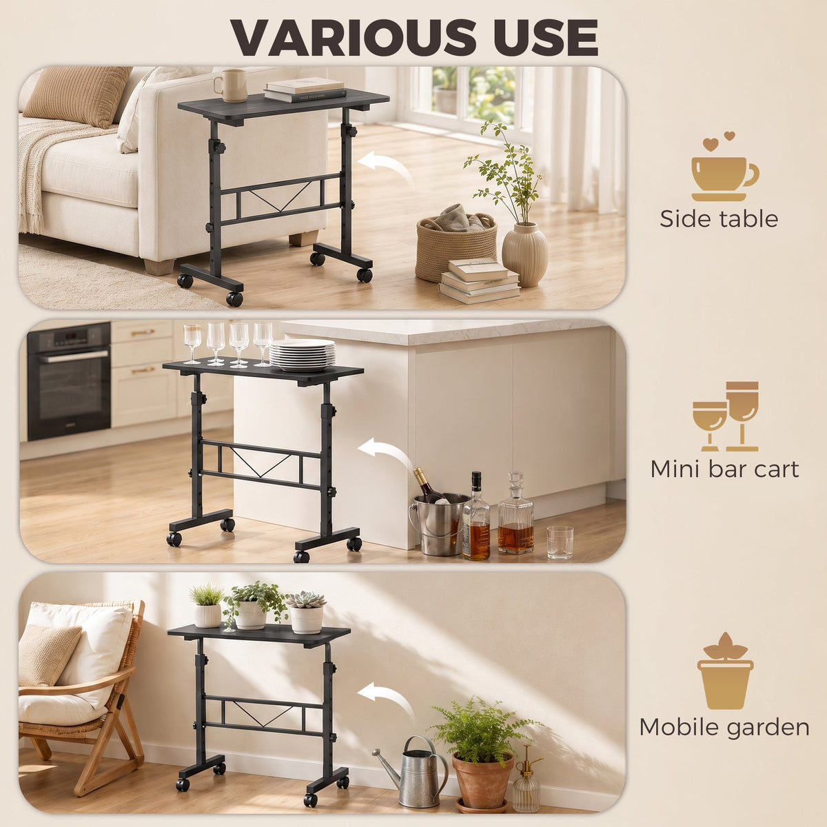 Overbed Table With Wheels and Brakes, Adjustable Height Laptop Desk, Portable Hospital Bed Table with Steel Frame for Living Room, Bedroom and Study, Black