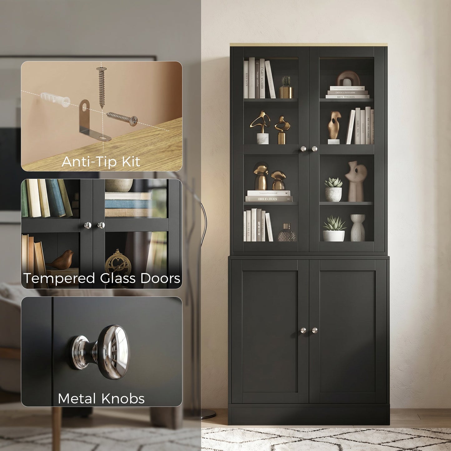 Modern Bookcase with Glass Doors, Display Storage Cabinet with Adjustable Shelves for Living Room, Study, Home Office, Kitchen Cupboard with Small Open Counter, Black