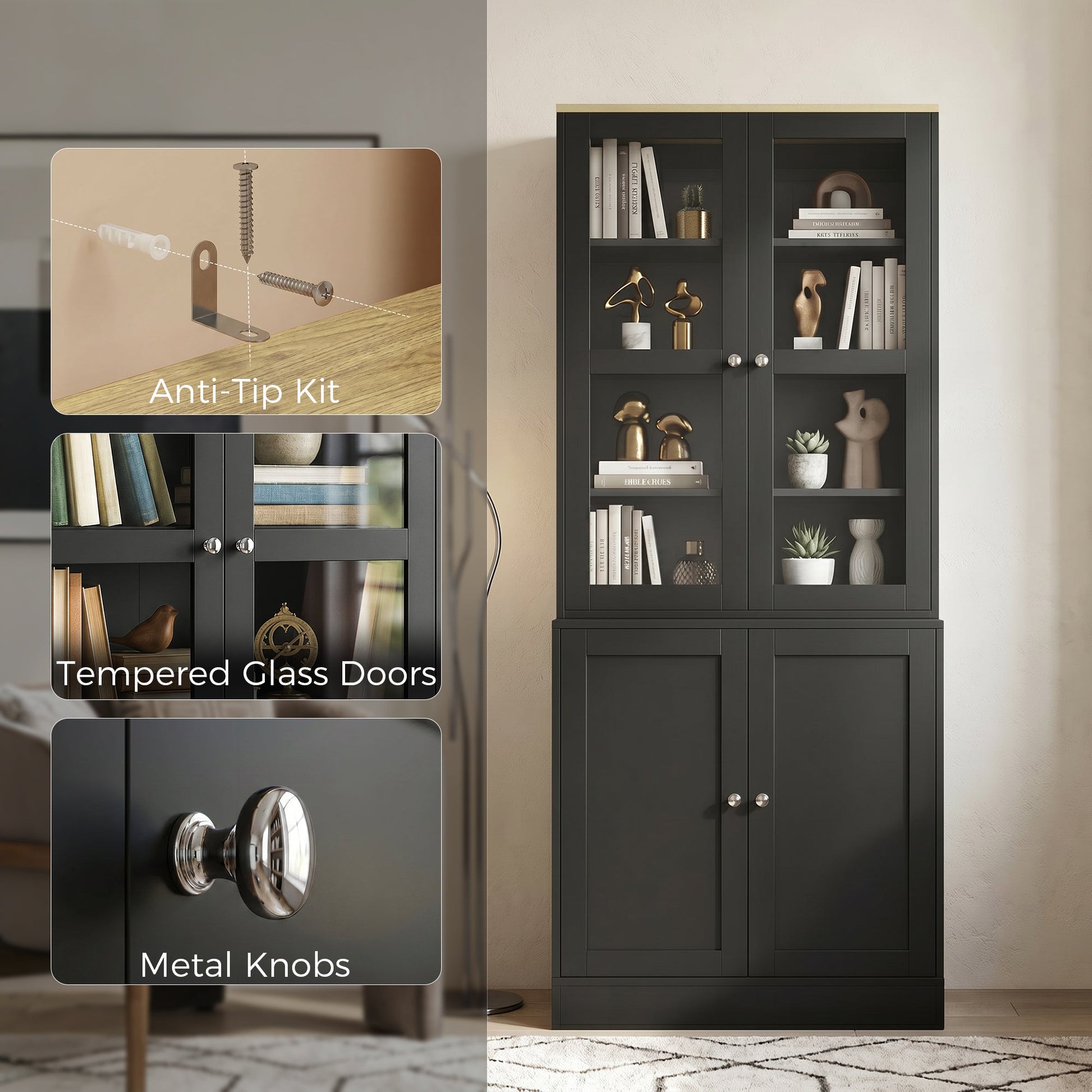 Modern Bookcase with Glass Doors, Display Storage Cabinet with Adjustable Shelves for Living Room, Study, Home Office, Kitchen Cupboard with Small Open Counter, Black
