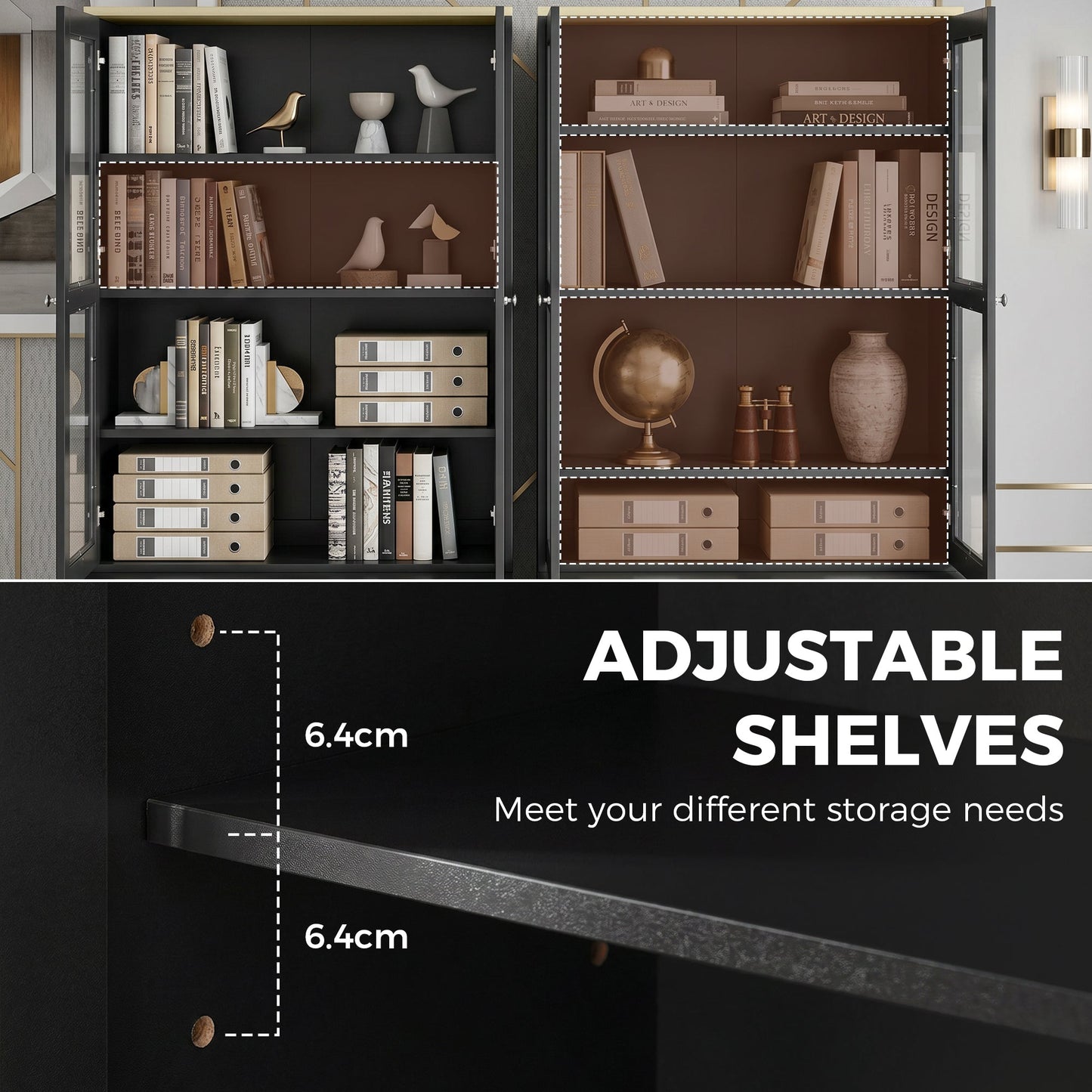 Modern Bookcase with Glass Doors, Display Storage Cabinet with Adjustable Shelves for Living Room, Study, Home Office, Kitchen Cupboard with Small Open Counter, Black