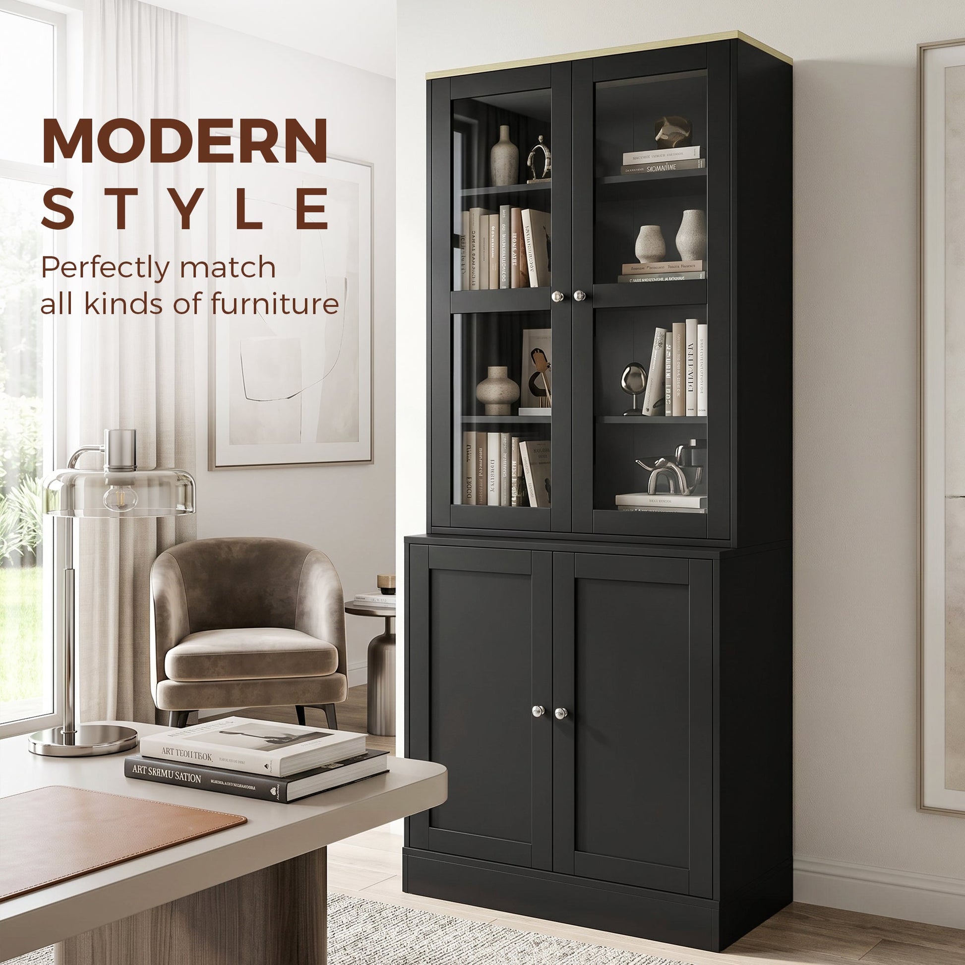 Modern Bookcase with Glass Doors, Display Storage Cabinet with Adjustable Shelves for Living Room, Study, Home Office, Kitchen Cupboard with Small Open Counter, Black