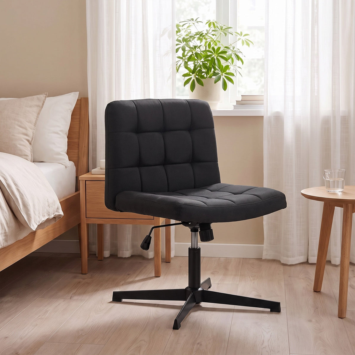 Armless Office Chair, Cross Legged Linen Computer Desk Vanity Chair with Wide Seat, Rocking Function, Swivel, Adjustable Height for Home Office, Study, Bedroom, Makeup, Black