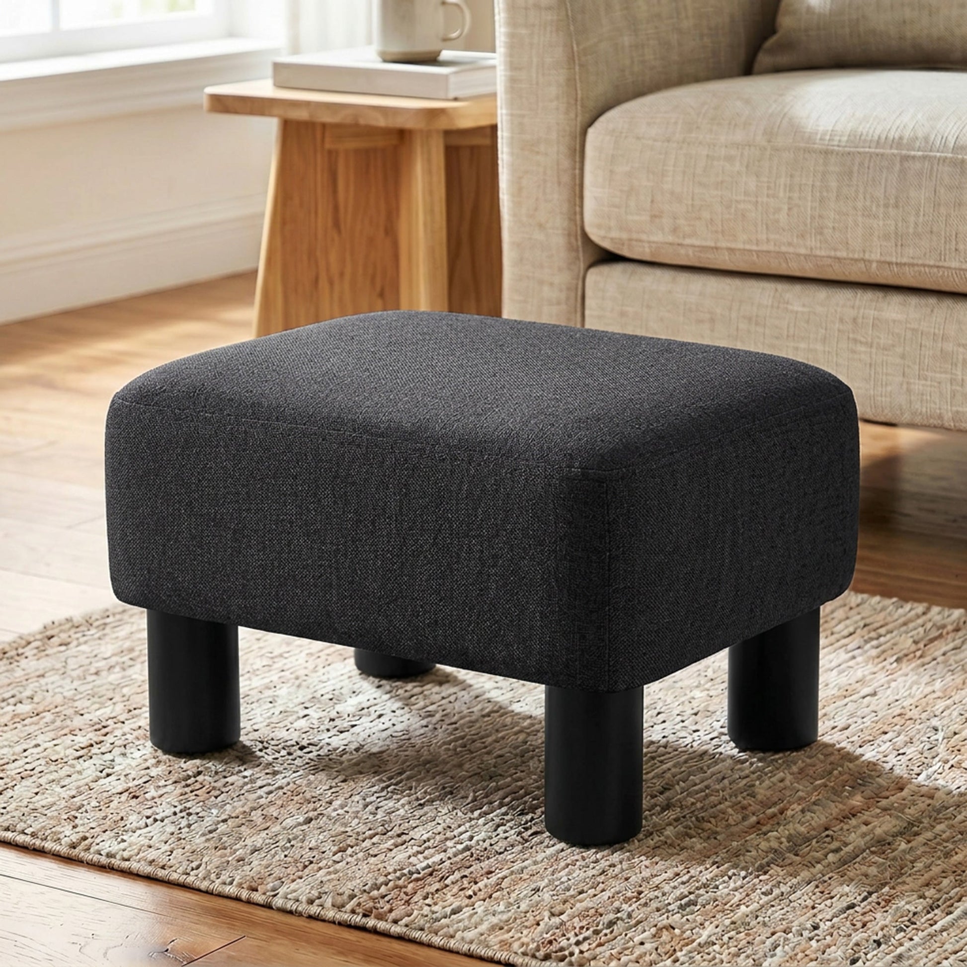Linen-Look Fabric Foot Stool Footrest Small Seat Footrest Chair Ottoman Home Office with Legs 40 x 30 x 24cm, Black