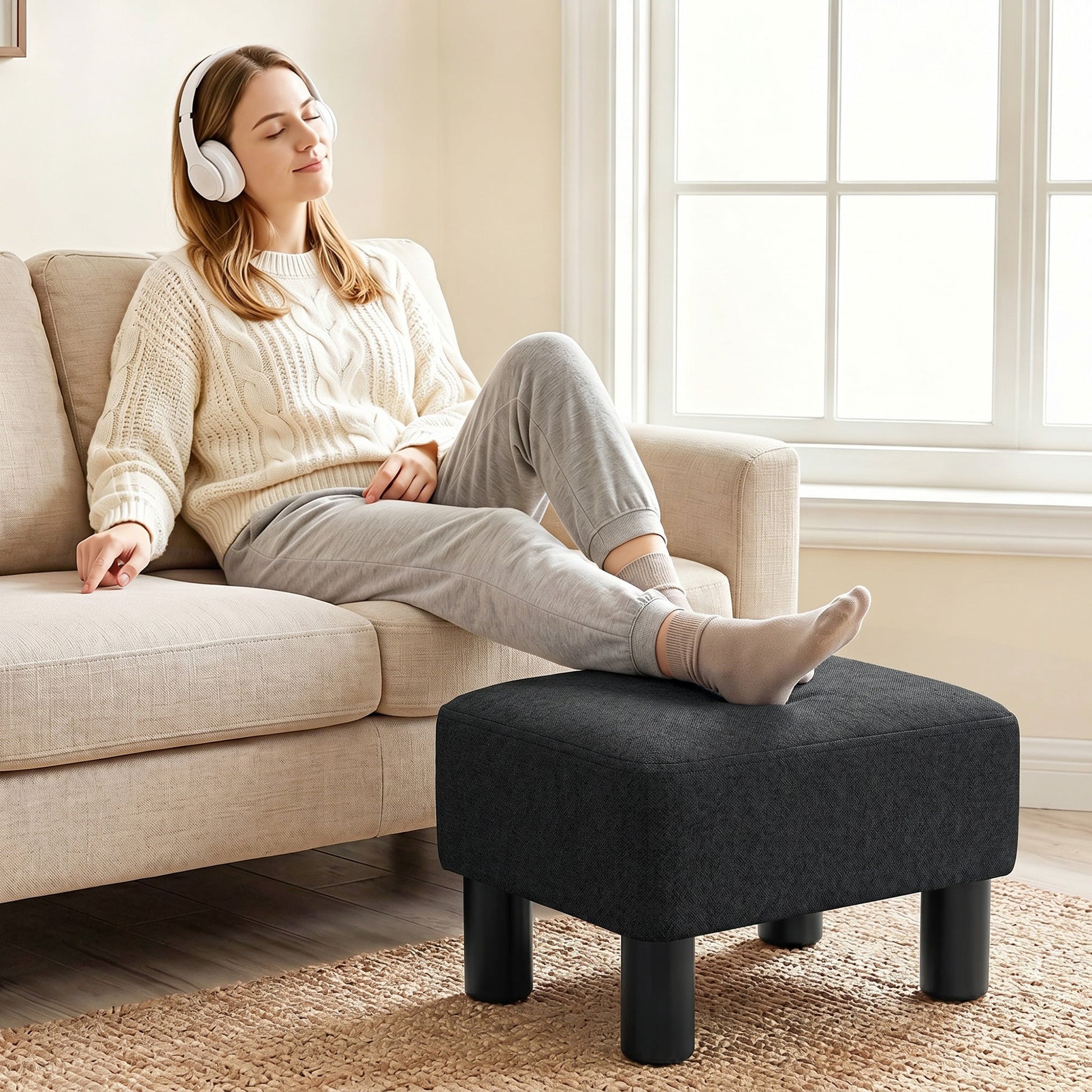 Linen-Look Fabric Foot Stool Footrest Small Seat Footrest Chair Ottoman Home Office with Legs 40 x 30 x 24cm, Black