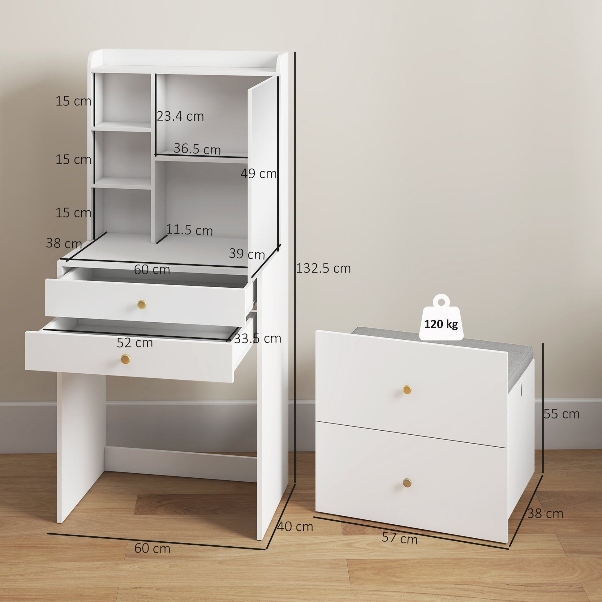 Dressing Table with Mirror and Mobile Storage Stool, Compact Vanity Table with Cabinet, Drawers, Open Shelves, Cushioned Seat, Modern Makeup Vanity Desk for Bedroom, White