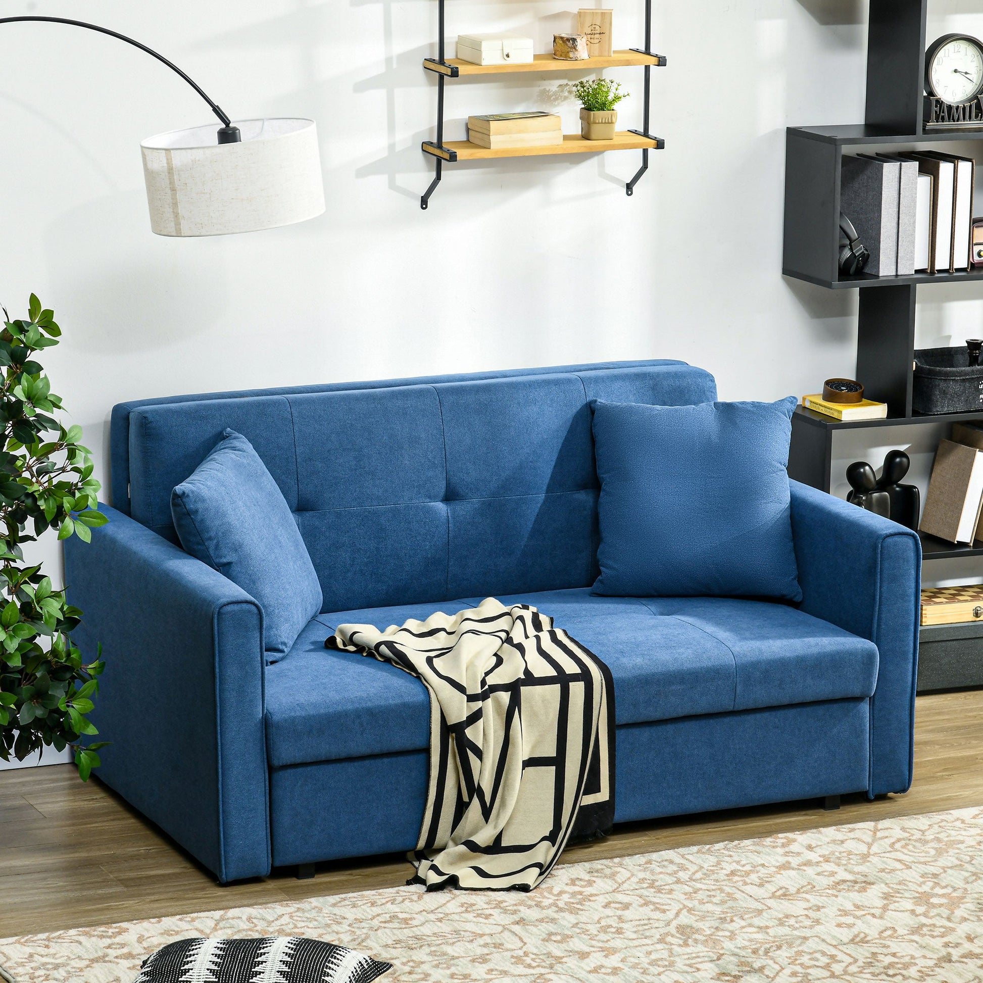 HOMCOM 2 Seater Sofa Bed, Convertible Bed Settee, Modern Fabric Loveseat Sofa Couch with 2 Cushions, Hidden Storage for Living Room, Guest Room, Deep Blue