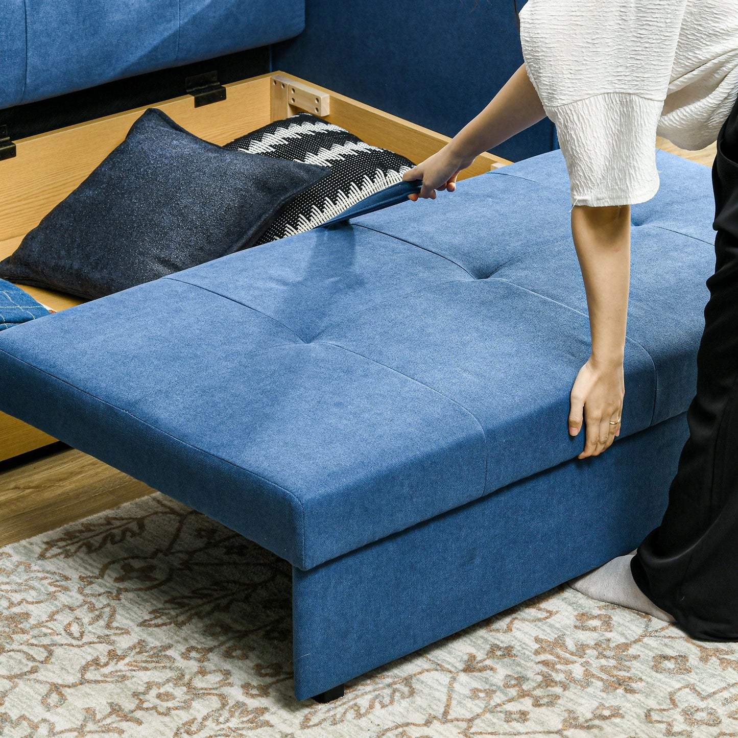 HOMCOM 2 Seater Sofa Bed, Convertible Bed Settee, Modern Fabric Loveseat Sofa Couch with 2 Cushions, Hidden Storage for Living Room, Guest Room, Deep Blue