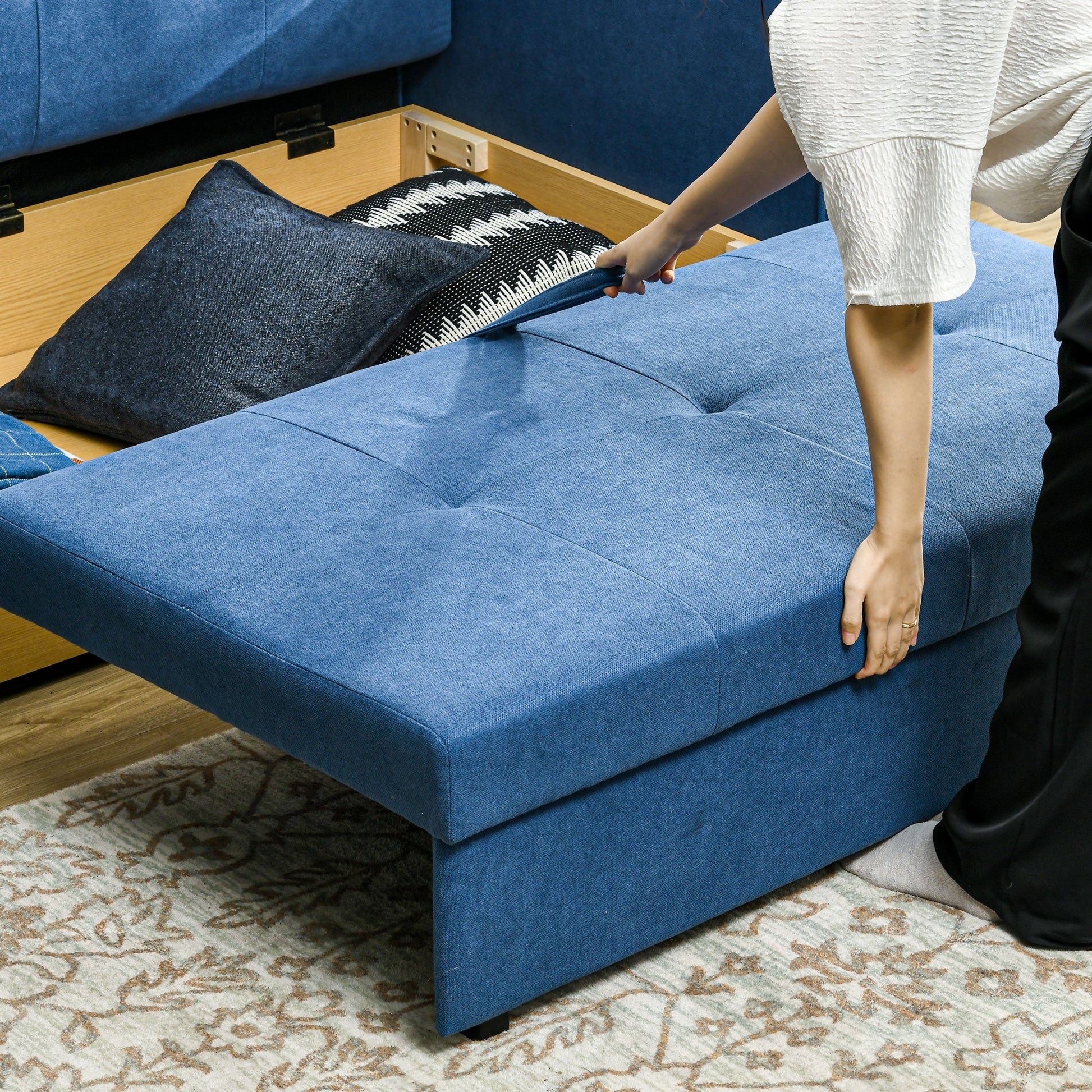 HOMCOM 2 Seater Sofa Bed, Convertible Bed Settee, Modern Fabric Loveseat Sofa Couch with 2 Cushions, Hidden Storage for Living Room, Guest Room, Deep Blue