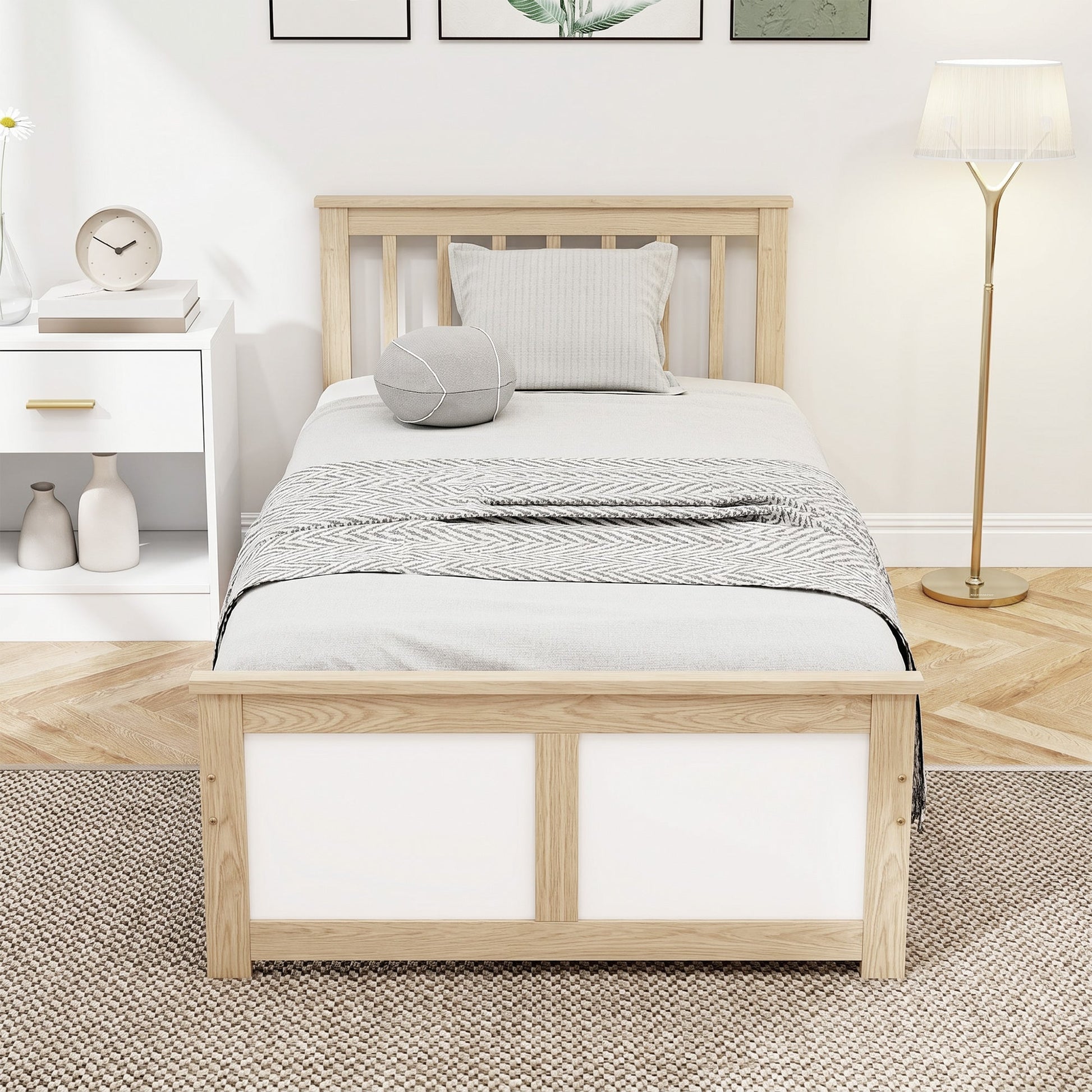 3ft Single Solid Wooden Bed Frame, Pine Storage Bed with Drawers, Headboard, Wood Slat Support, No Box Spring Needed, Easy Assembly, 90 x 190 cm, Natural Wood Finish