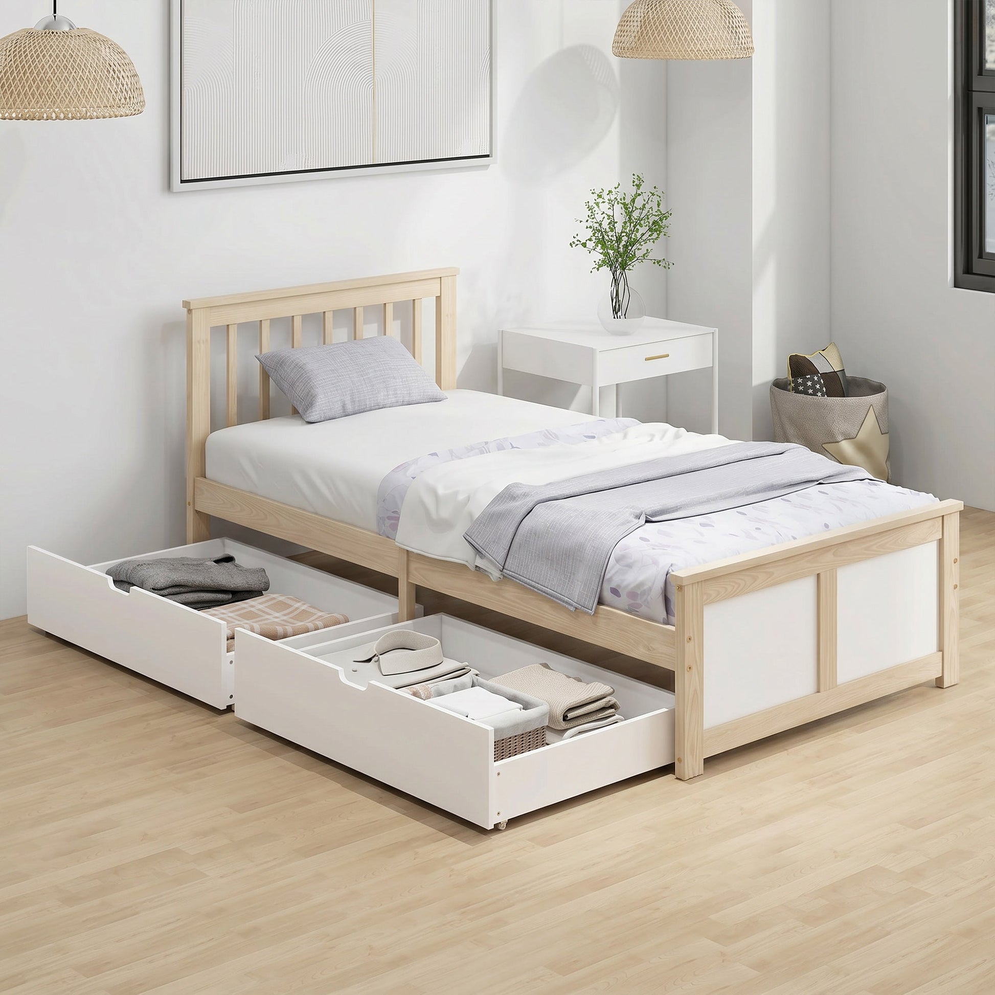 3ft Single Solid Wooden Bed Frame, Pine Storage Bed with Drawers, Headboard, Wood Slat Support, No Box Spring Needed, Easy Assembly, 90 x 190 cm, Natural Wood Finish