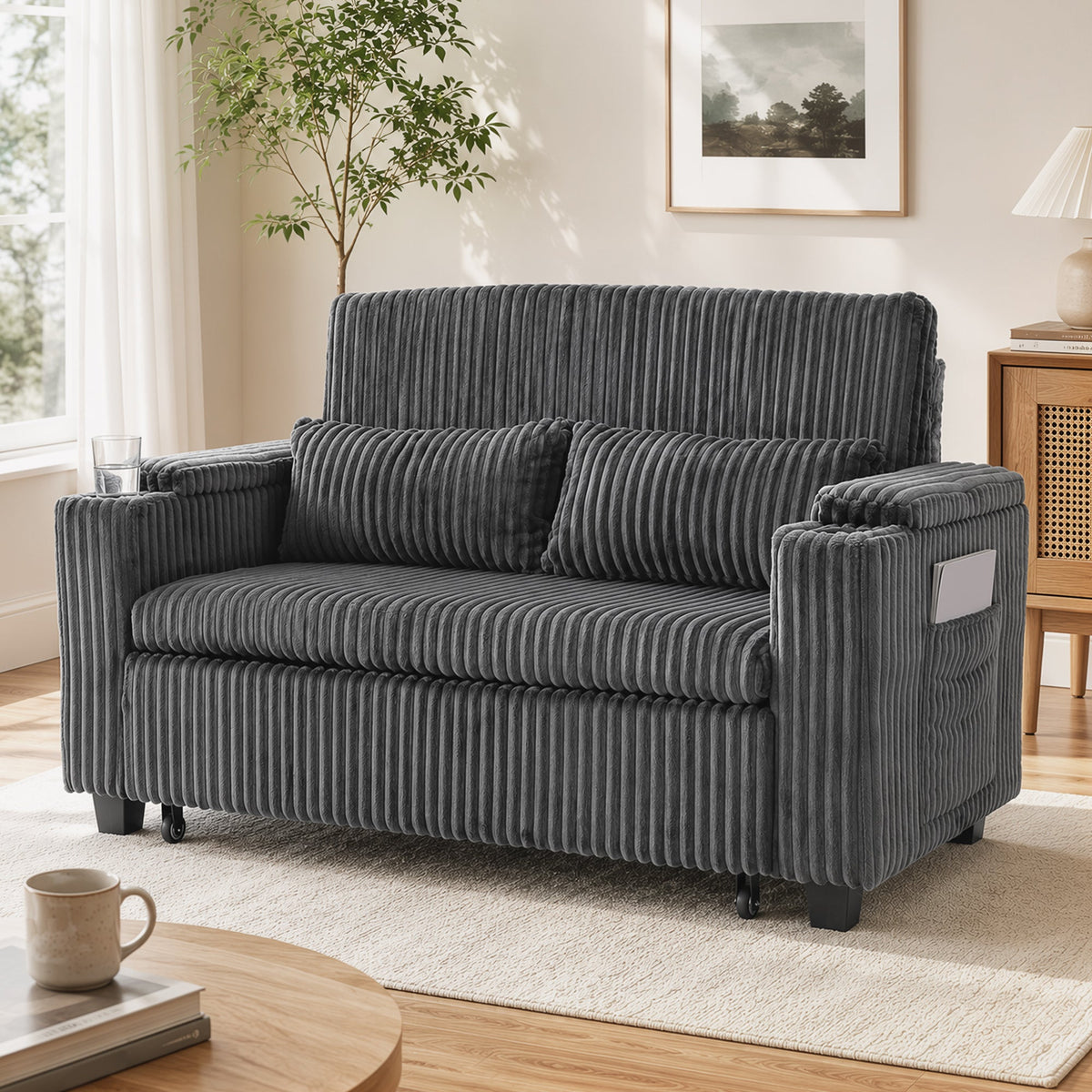2 Seater Sofa Bed, 3-in-1 Convertible Pull Out Sleeper Sofa, Corduroy Loveseat Bed Settee with Adjustable Backrest, Storage Armrests, Cup Holders, Side Pockets for Living Room, Dark Grey
