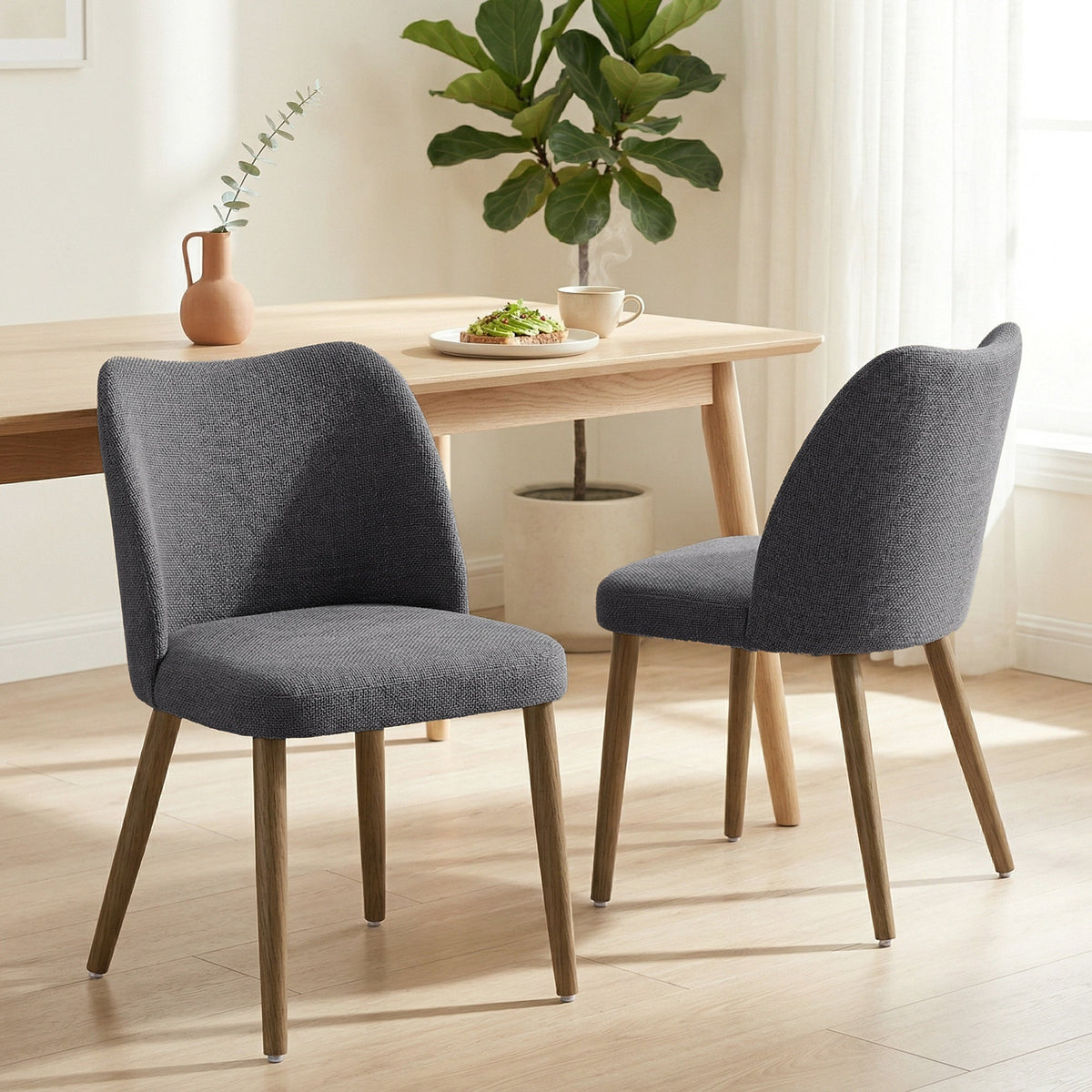 Dining Chairs Set of 2, Modern Linen Upholstered Kitchen Chairs with Padded Seat, Curved Backrest, Rubberwood Legs for Dining Room, Bedroom, Living Room, Easy Assembly, Dark Grey
