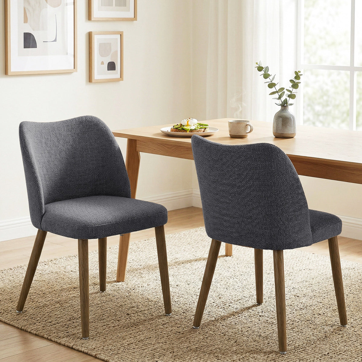 Dining Chairs Set of 2, Modern Linen Upholstered Kitchen Chairs with Padded Seat, Curved Backrest, Rubberwood Legs for Dining Room, Bedroom, Living Room, Easy Assembly, Dark Grey