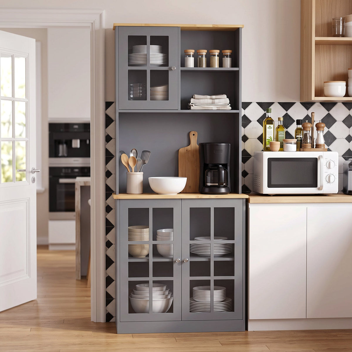 Kitchen Pantry, Buffet Hutch with 3 Storage Cabinets, 2 Open Shelves and Large Countertop for Kitchen, Living Room and Entryway, Grey