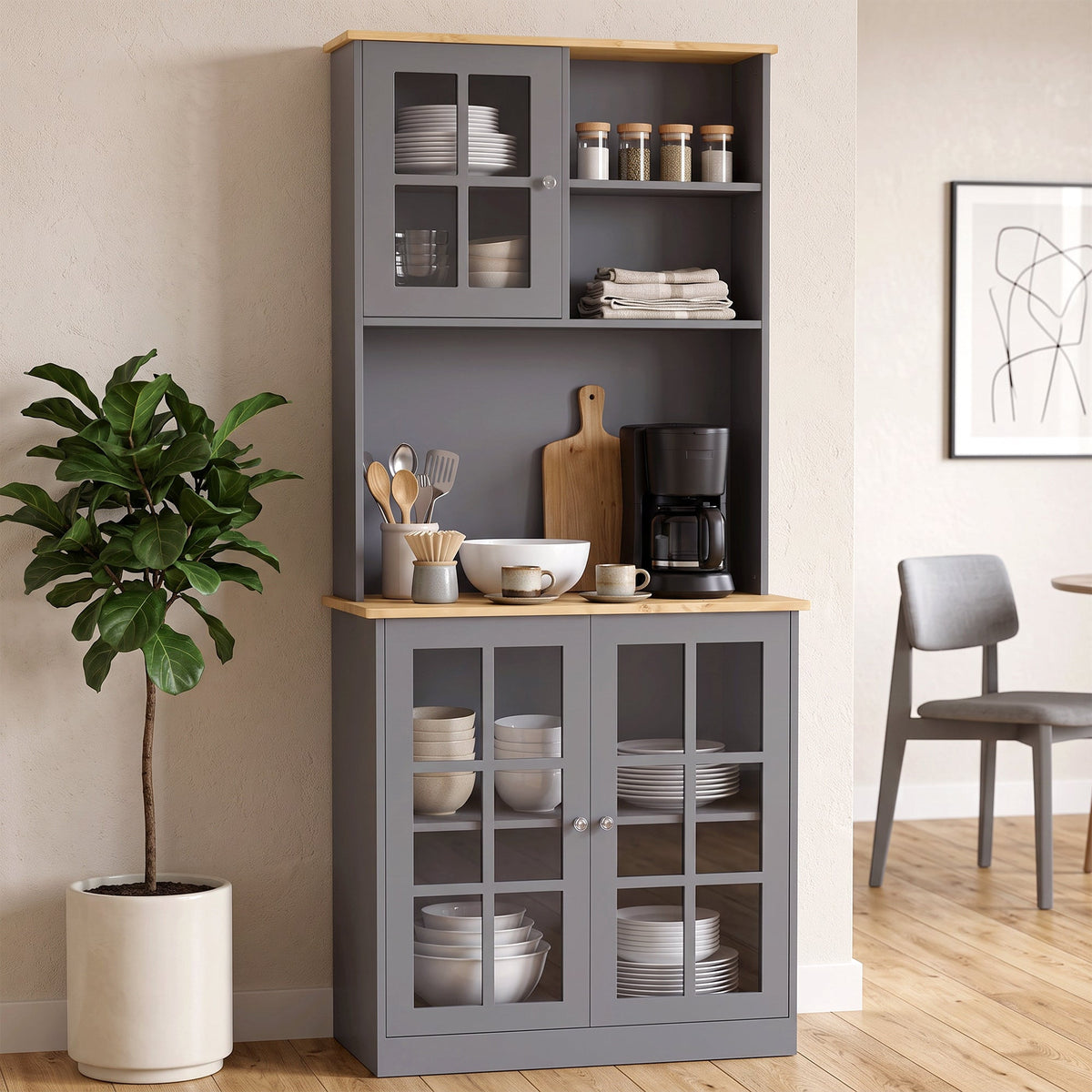 Kitchen Pantry, Buffet Hutch with 3 Storage Cabinets, 2 Open Shelves and Large Countertop for Kitchen, Living Room and Entryway, Grey