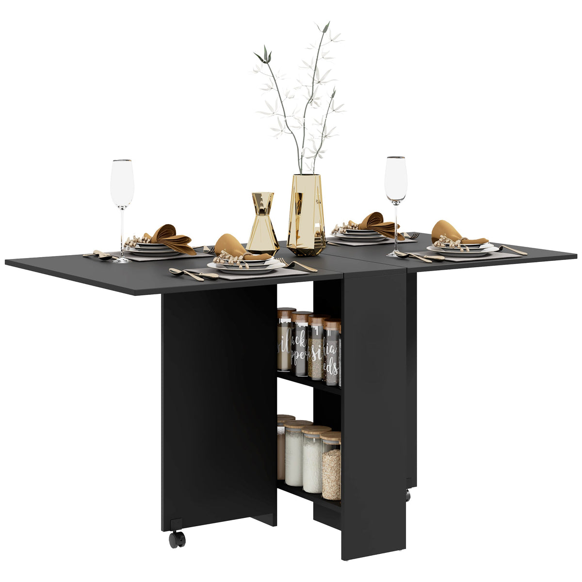 HOMCOM Folding Dining Table, Drop Leaf Table for Small Spaces with 2-tier Shelves, Small Kitchen Table with Rolling Casters, Black