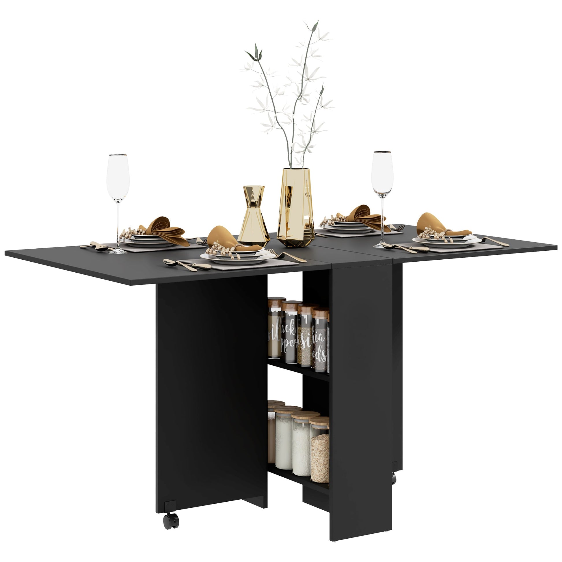 HOMCOM Folding Dining Table, Drop Leaf Table for Small Spaces with 2-tier Shelves, Small Kitchen Table with Rolling Casters, Black