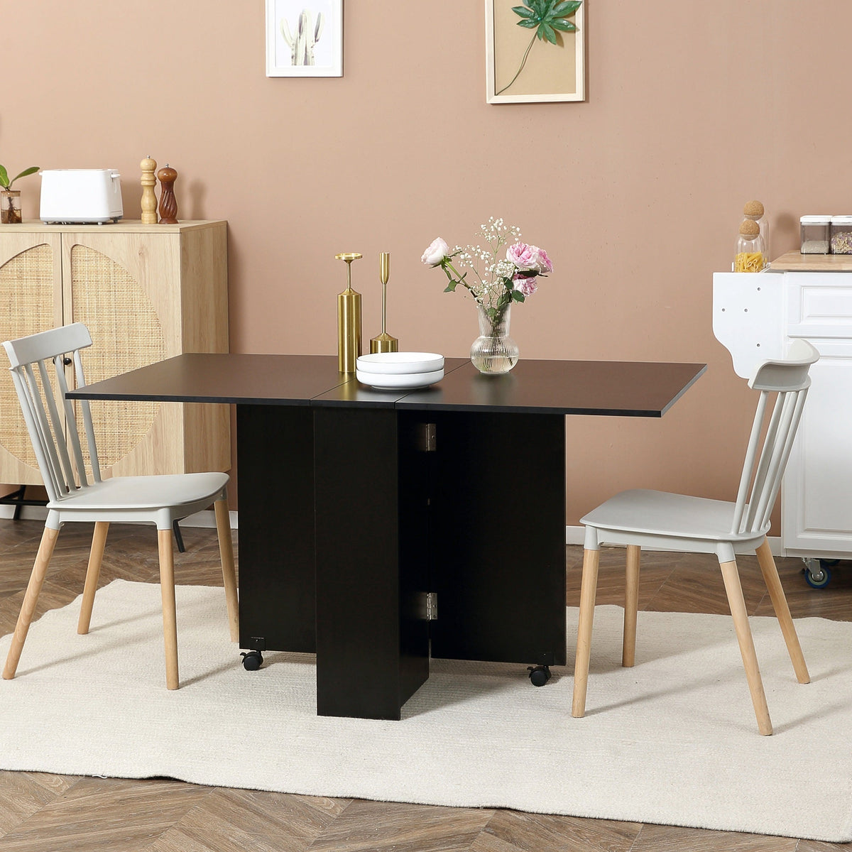 HOMCOM Folding Dining Table, Drop Leaf Table for Small Spaces with 2-tier Shelves, Small Kitchen Table with Rolling Casters, Black